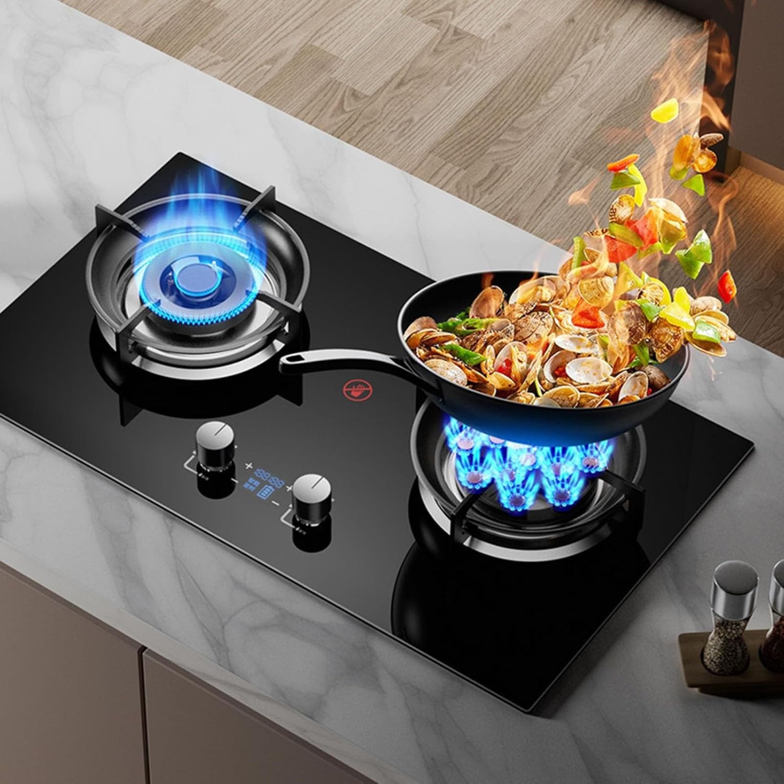 Cuisinière À Gaz 2 Brûleurs, Brûleur Wok À Anneau De Feu 13 Cavités De 5,2 KW, Avec Protection Contre L'extinction De La Flamme Et Minuterie, Kit GPL/gaz Naturel(NG)