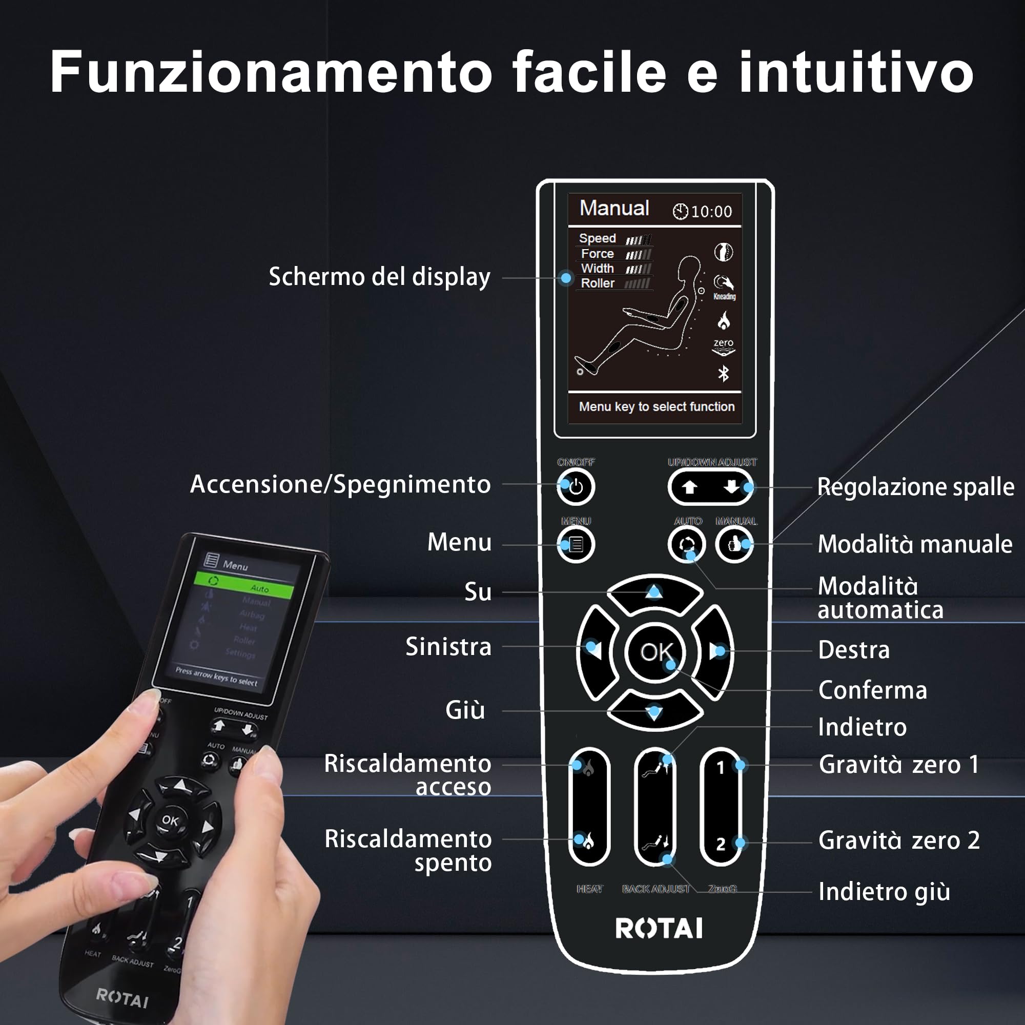 ROTAI ARONT Poltrona massaggiante 3D+ - 12 programmi professionali di massaggio e pressoterapia - Termoterapia - Tecnologia Gravità e Spazio Zero Suono 3D Bluetooth