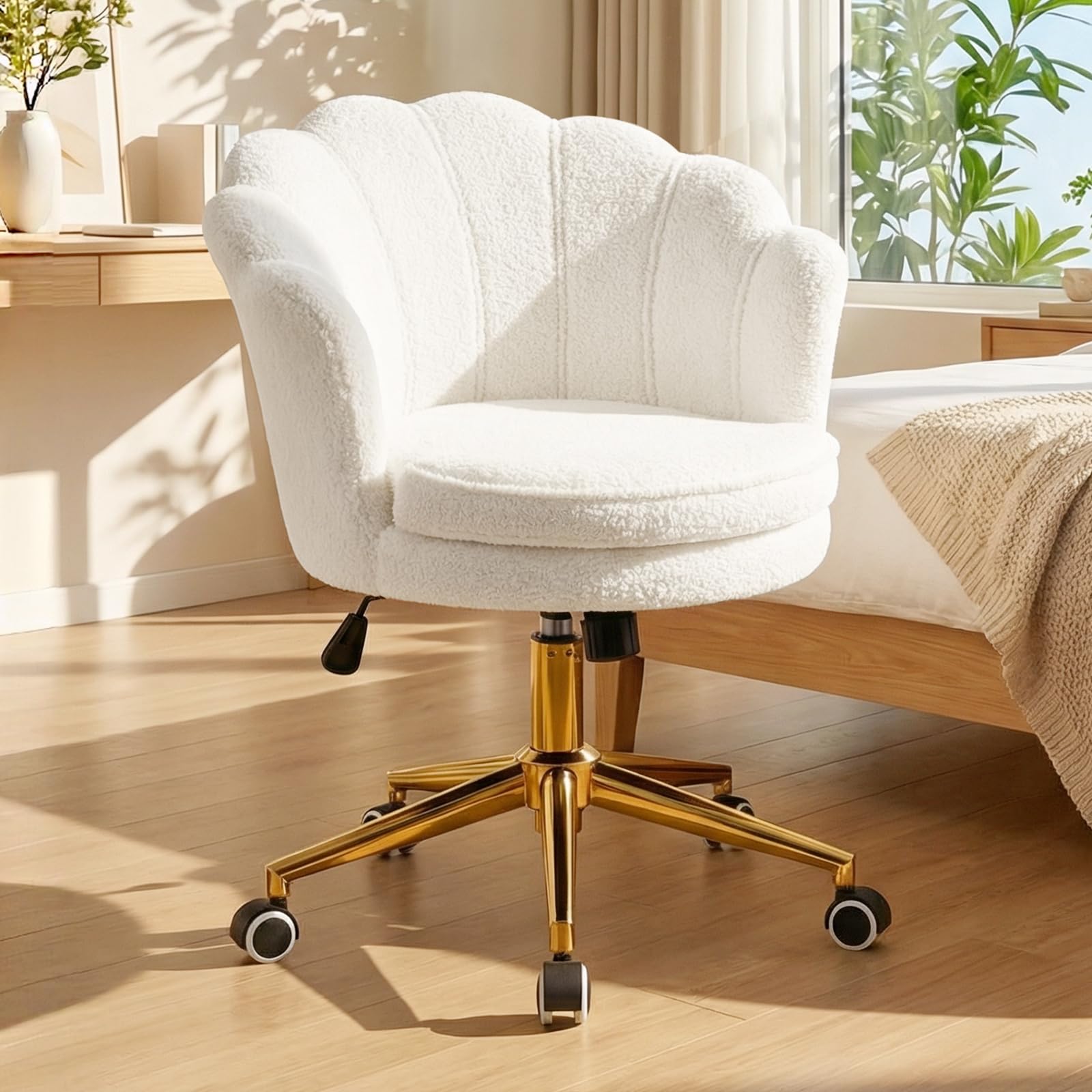Hellove Vanity Makeup Desk Chair with Wheels & Back & Arm, Faux fur Elegant Swivel Armchair Shell Chair Height Adjustable with Gold Metal Base for Women Girls, Living Room Bedroom Home Office, Whit