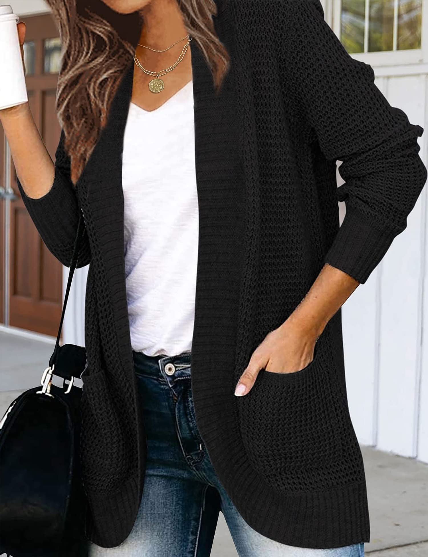 HANERDUN Cardigan Donna Lungo Elegante Maglia Manica Lunga Tinta Unita Cappotto Lavorato a Maglia con Tasche