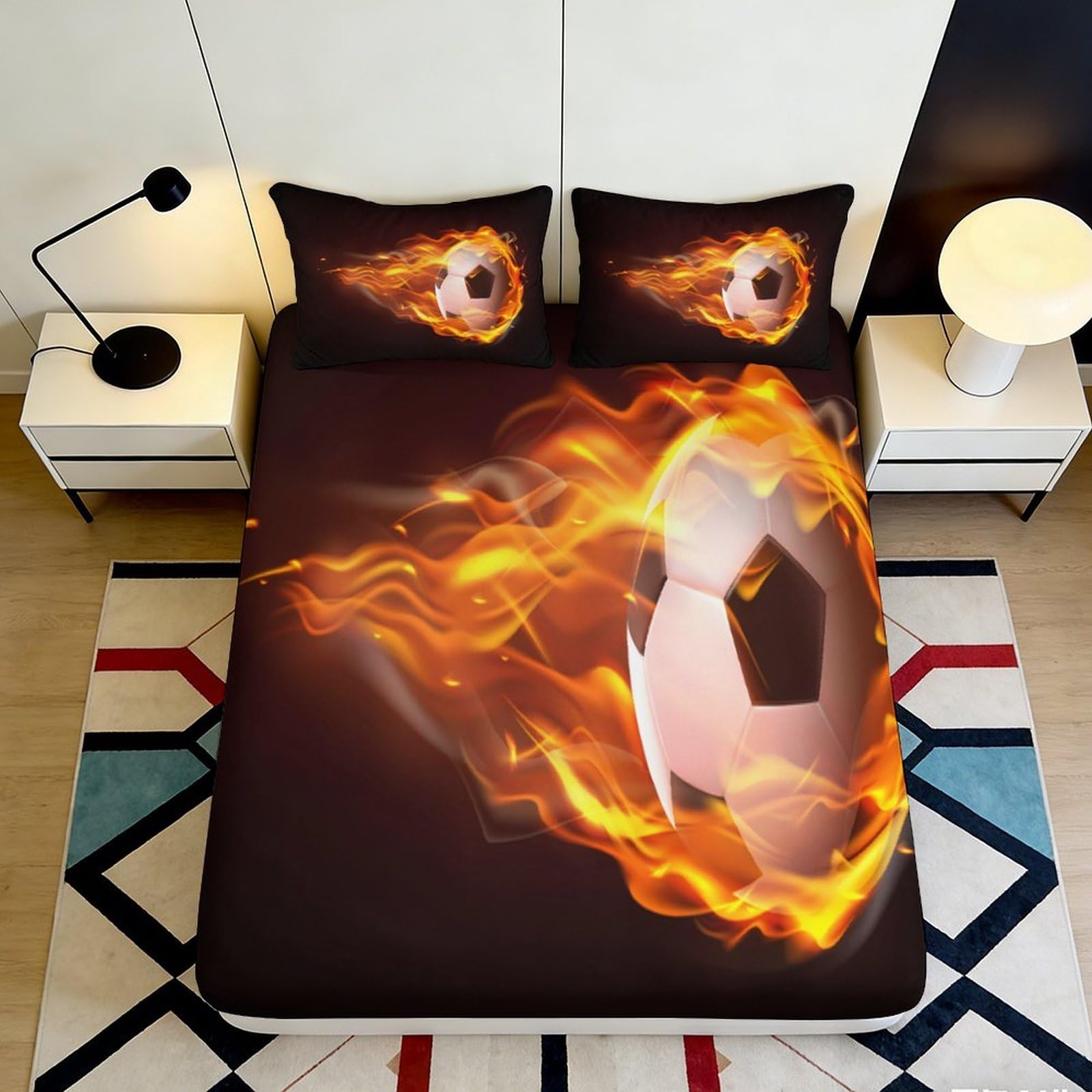 3D Printed Fire Soccer Fitted Sheet Microfiber Soft Bed Sheet Flame Ball Mattress Cover for Bedroom Dorm Decor 90x200x25cm