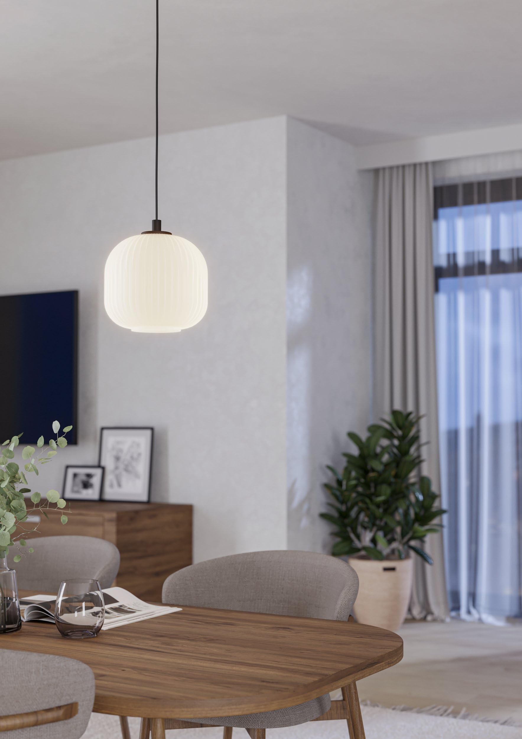 Eglo Suspension luminaire Mantunalle, lampe de plafond suspendue, lustre | salon ou salle à manger en métal noir et verre blanc, douille E27, Ø 20 cm