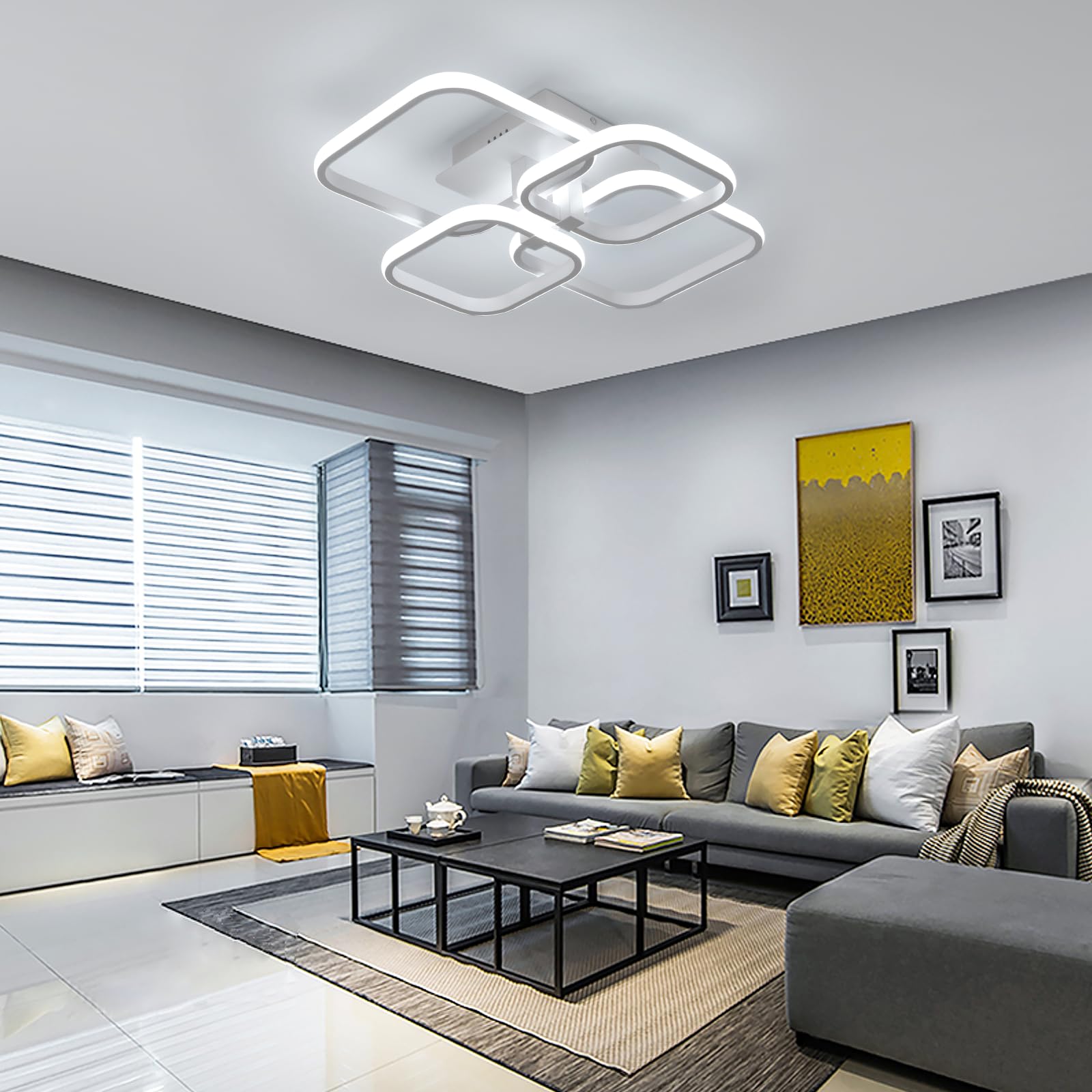 Comely 48W Lámpara de Techo LED, 4 Cuadrado Geometría 5400LM Plafón Moderno | Blanco Luz LED Techo con Mando a Distancia 3000K-6500K para Dormitorio