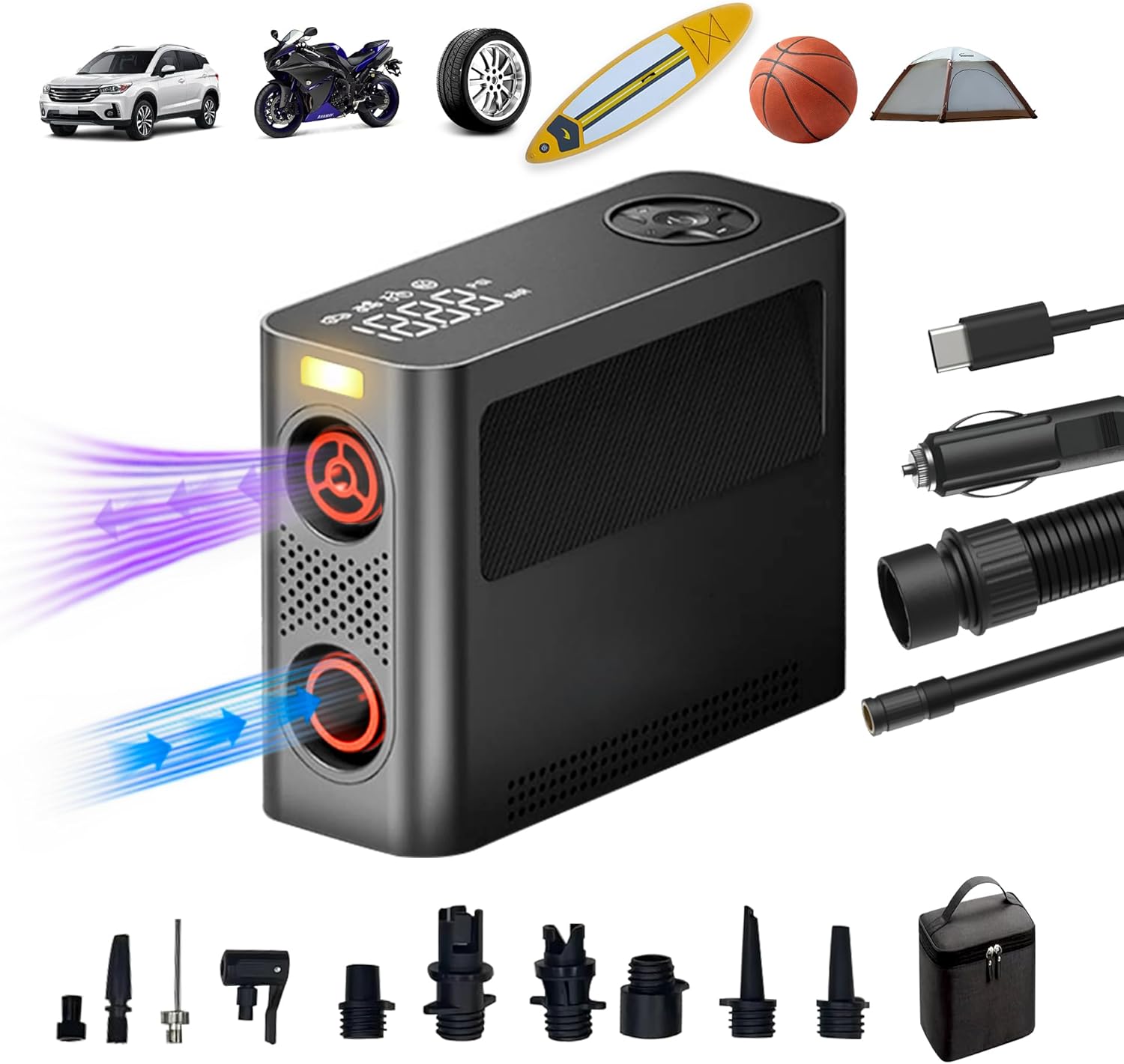 Aerogogo 150 PSI Portable Air Pump with various accessories and items it can inflate