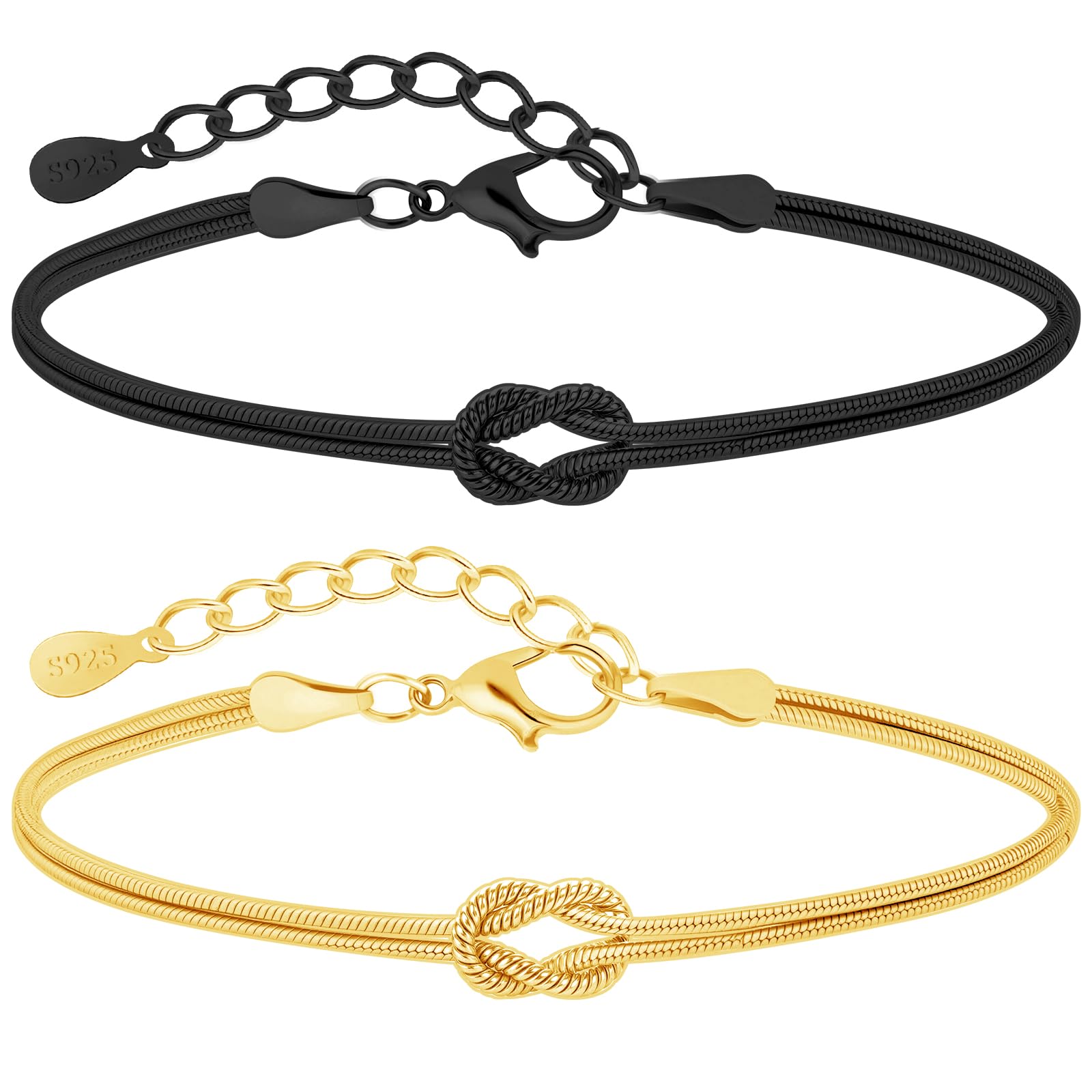J.Fée 2Pcs Knoten Armband Damen Silber 925, Verstellbare Pärchen Armband, Freundschaftsarmbänder, Paar Armbänder Set, Schmuck Damen, Geschenke für Frauen Geburtstag Jahrestag, Gold+Schwarz