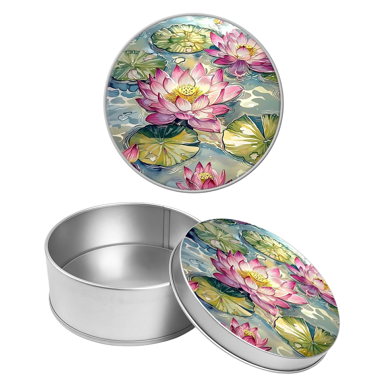 Round Metal Tin Container with Removable Lid, Pink Lotus Durable Metal Storage Box for Crafts Snacks Candies Office Supplies Small Items 3.54 x 1.38 inch– Single Pack