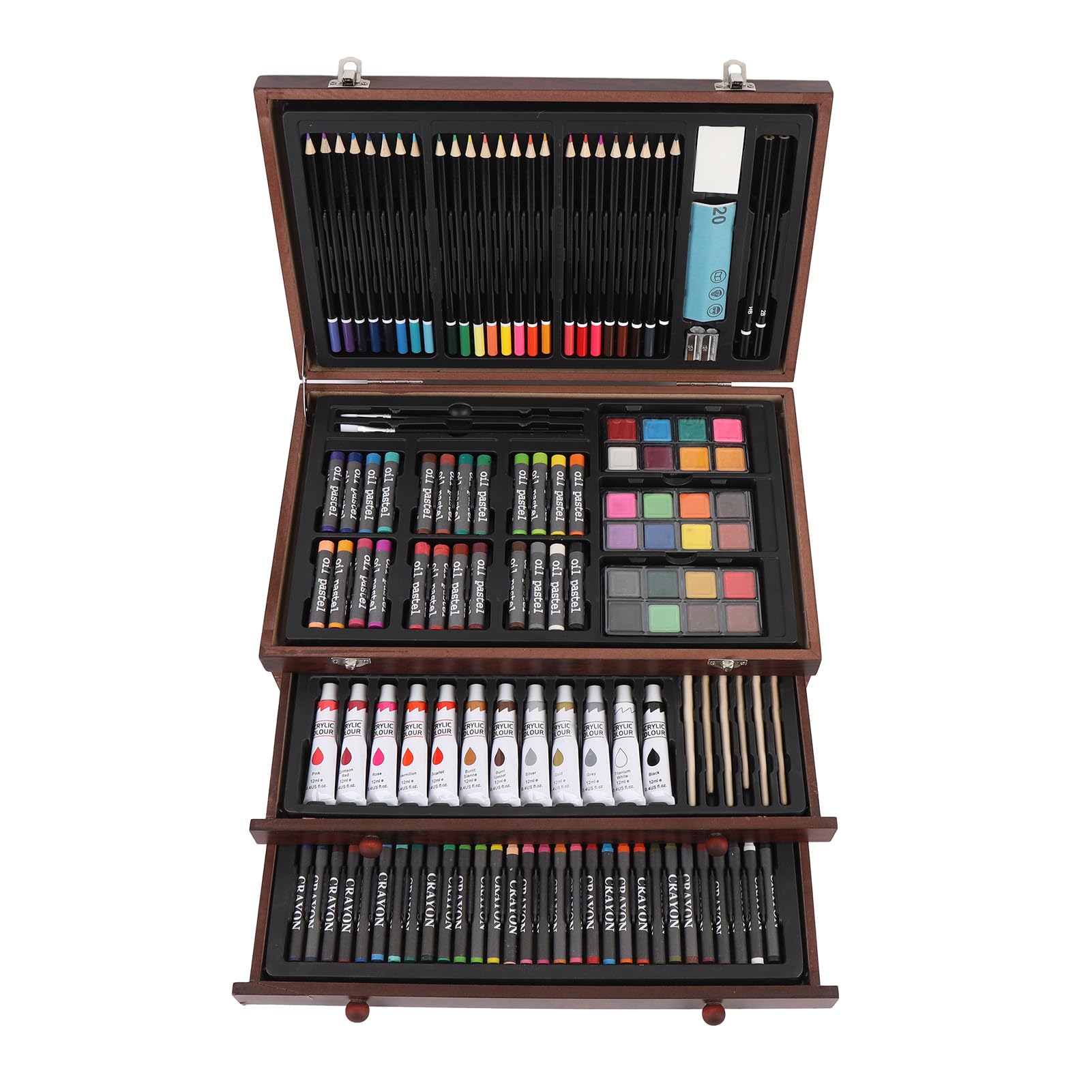 Pongnas 147-częściowy Zestaw Artystyczny Deluxe Drewniane Pudełko Malarstwo Zestaw do Rysowania z 24 Farbami 60 Kredek 24 Pastelami Olejnymi 2 Szkicowniki dla Artystów Początkujący