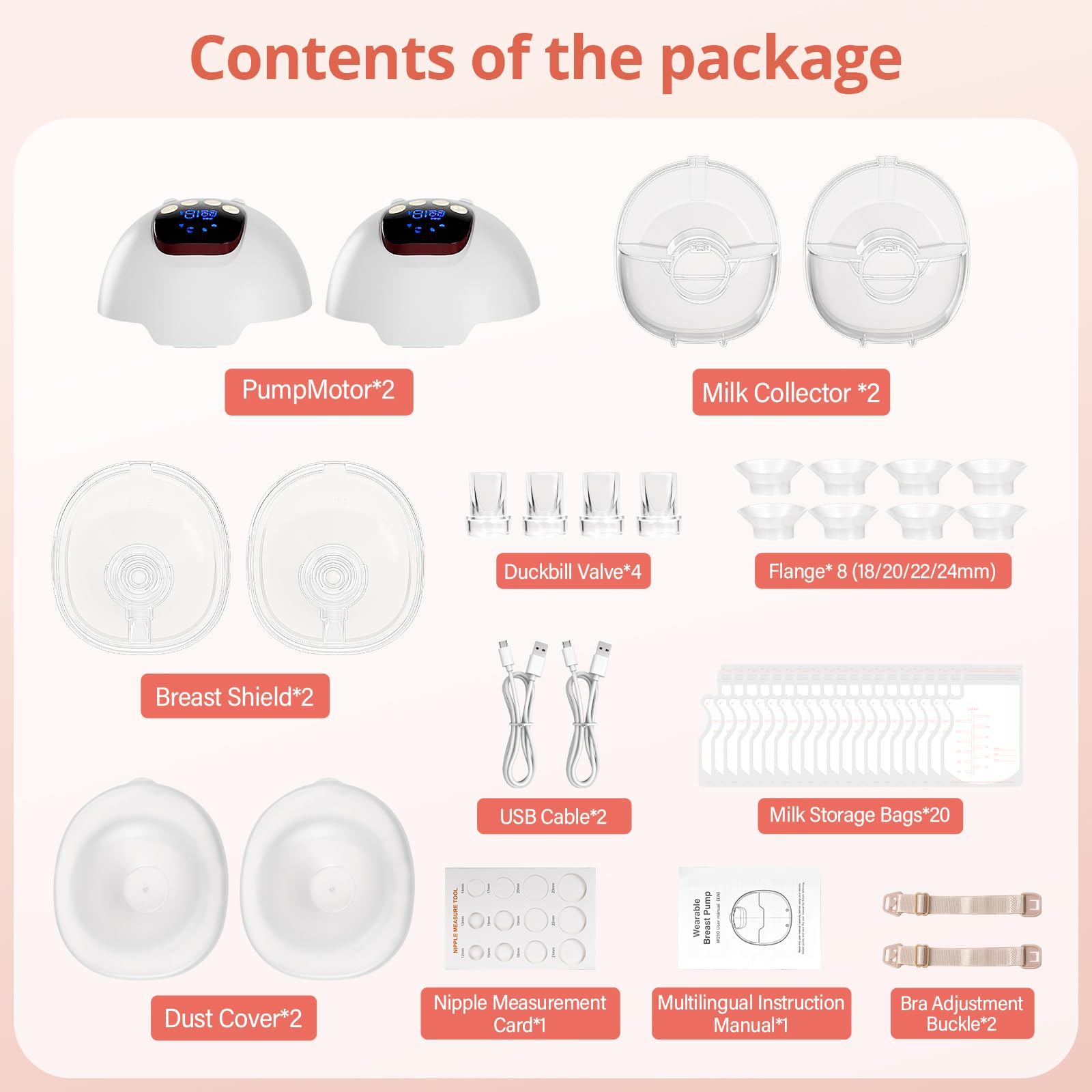 AMIPOW Tiralatte Elettrico Indossabile 4 Modalità e 15 Livelli Tiralatte Portatile con Display a LED, Senza BPA, Elettrico a Mani Libere con Flange da 18/20/22/24 mm (2 Pezzo)