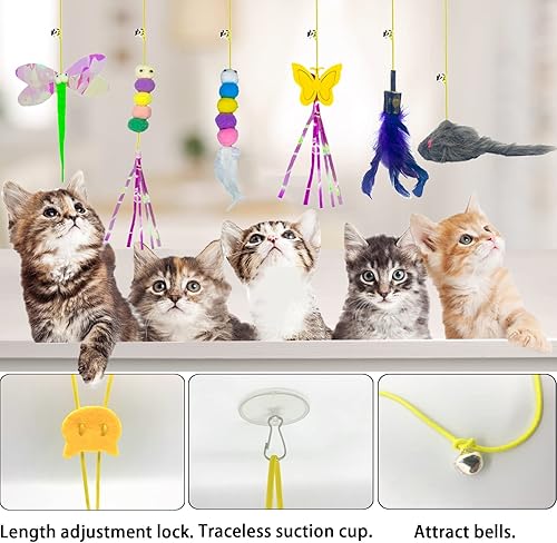 Miniatura 4 de Juguetes para gatos para interiores, puerta colgante retráctil, pájaro, gato, juguete para gatito, divertido, ejercicio, cuerda interactiva, plumas,