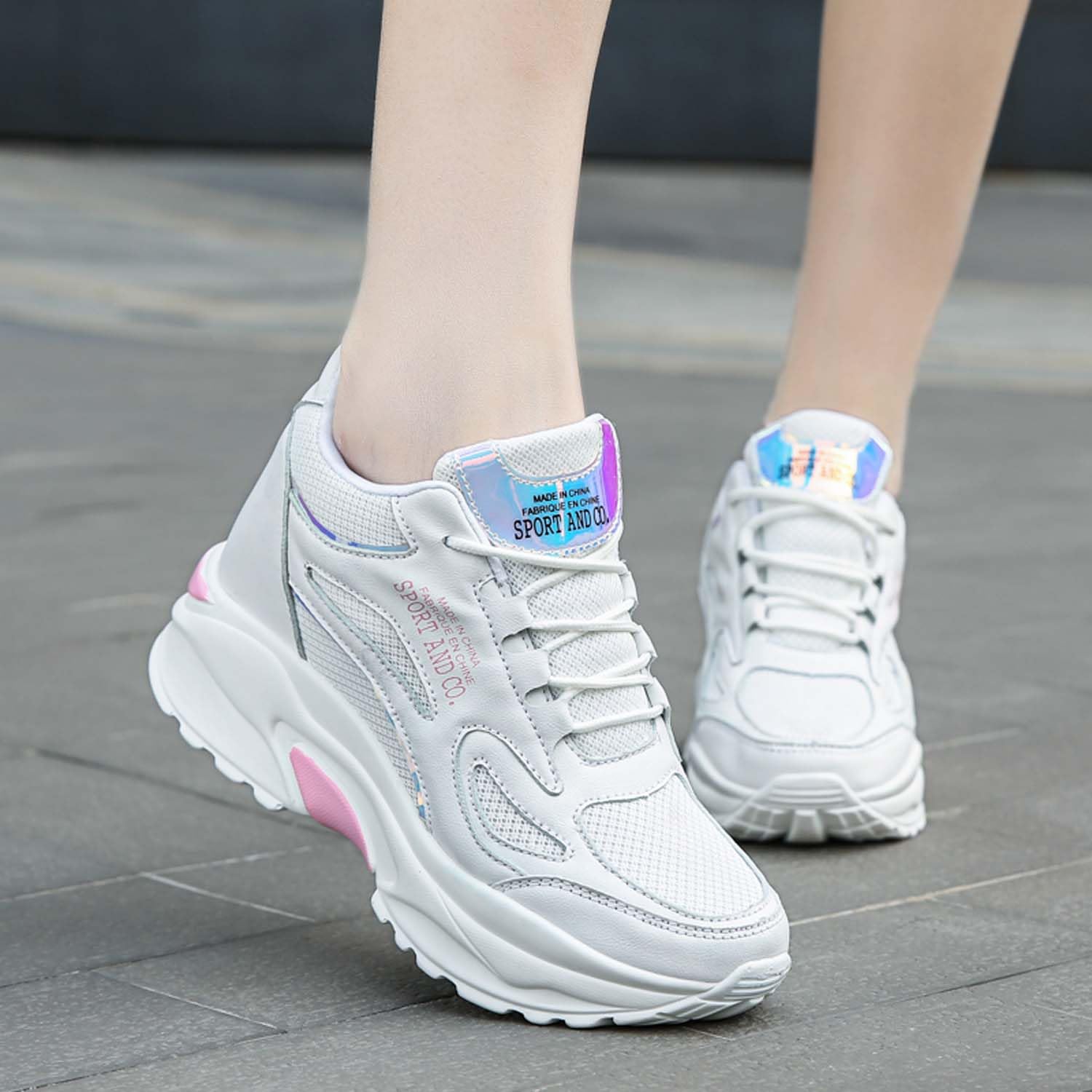 Scarpe con Zeppa Interna Donna Scarpe Sportive Casual Respirabile Sneakers Tacco Nascosto Zeppa 8CM