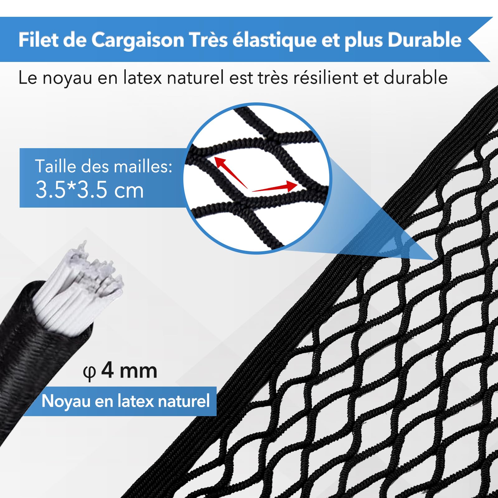 Filets pour Auto, Filet Rangement Van, Elastique Filet de Tension avec Crochets, Filet pour Remorque 1,2 x 1,2 m Extensible Jusqu'à 2,1 x 2,1 m, Filet de Fret pour Pick-up, Camion