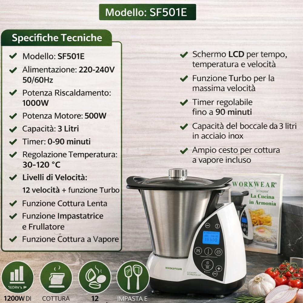WORKWEAR Robot da Cucina Multifunzione Cuocitutto 1500W – Ciotola Acciaio Inox 3.5L, 12 Velocità, Temperatura 20-120°C, Timer 60 Min – Cuoce, Frulla, Trita, Impasta, Cottura Vapore