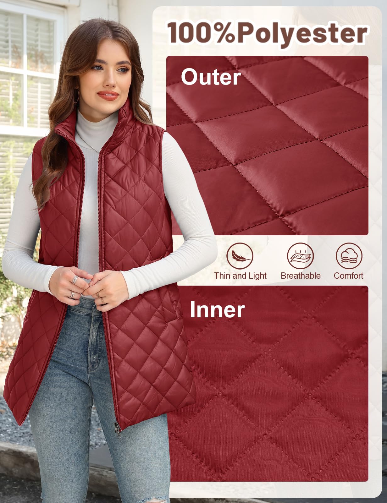 Yuson Girl Gilet Donna Senza Maniche Leggero Gilet Trapuntato di Mezza Stagione Primavera Autunno Collo Alto Smanicato Casual Waistcoat Cerniera con Tasche