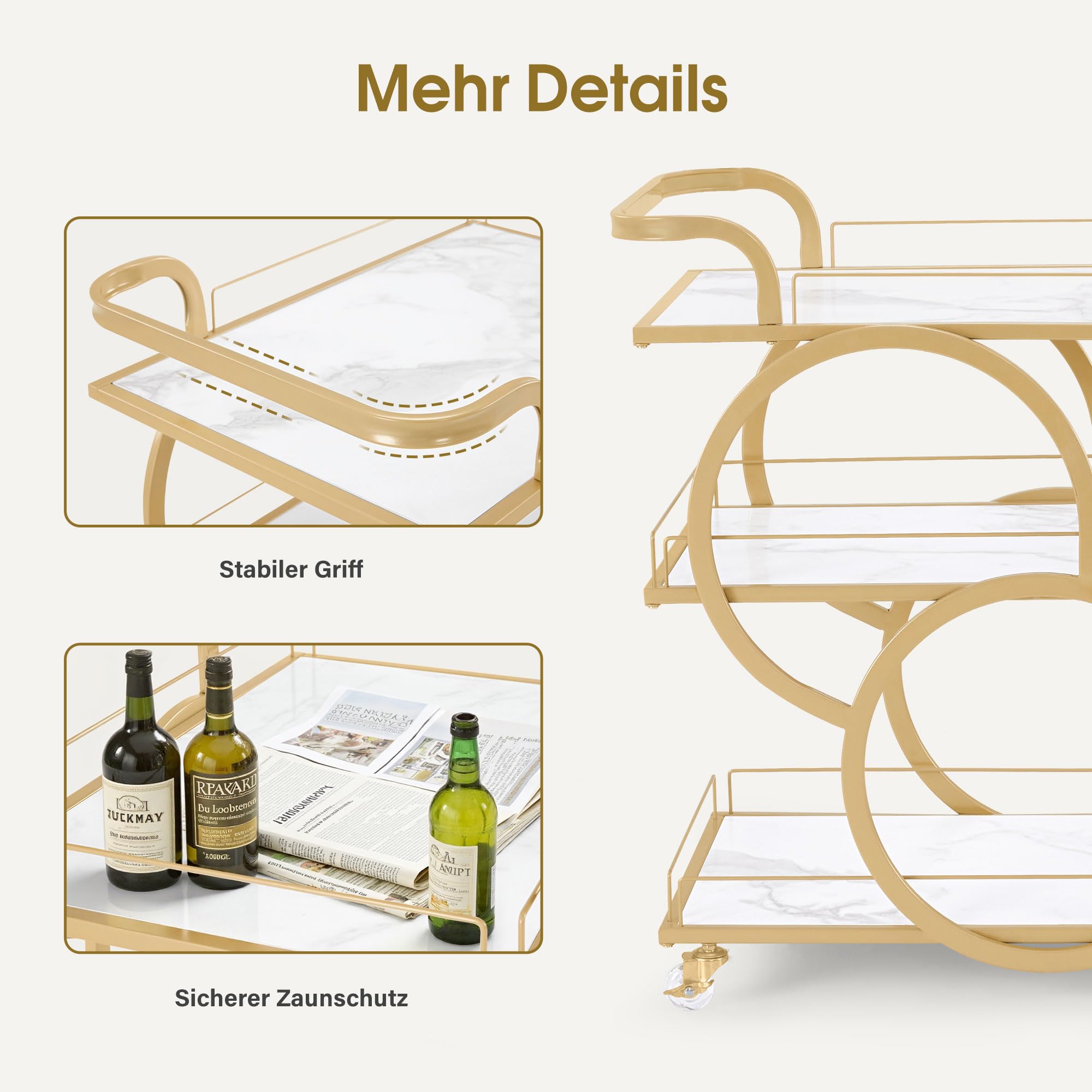 Barberpub Servierwagen mit Rollen, Küchenwagen Barwagen Metallgestell Weiß-Gold, Modern Rollwagen Mehrzweckwagen mit 3 Ebenen, für Küche, Bad, Wohnzimmer, Nagelstudio, 65x43x70, 0074