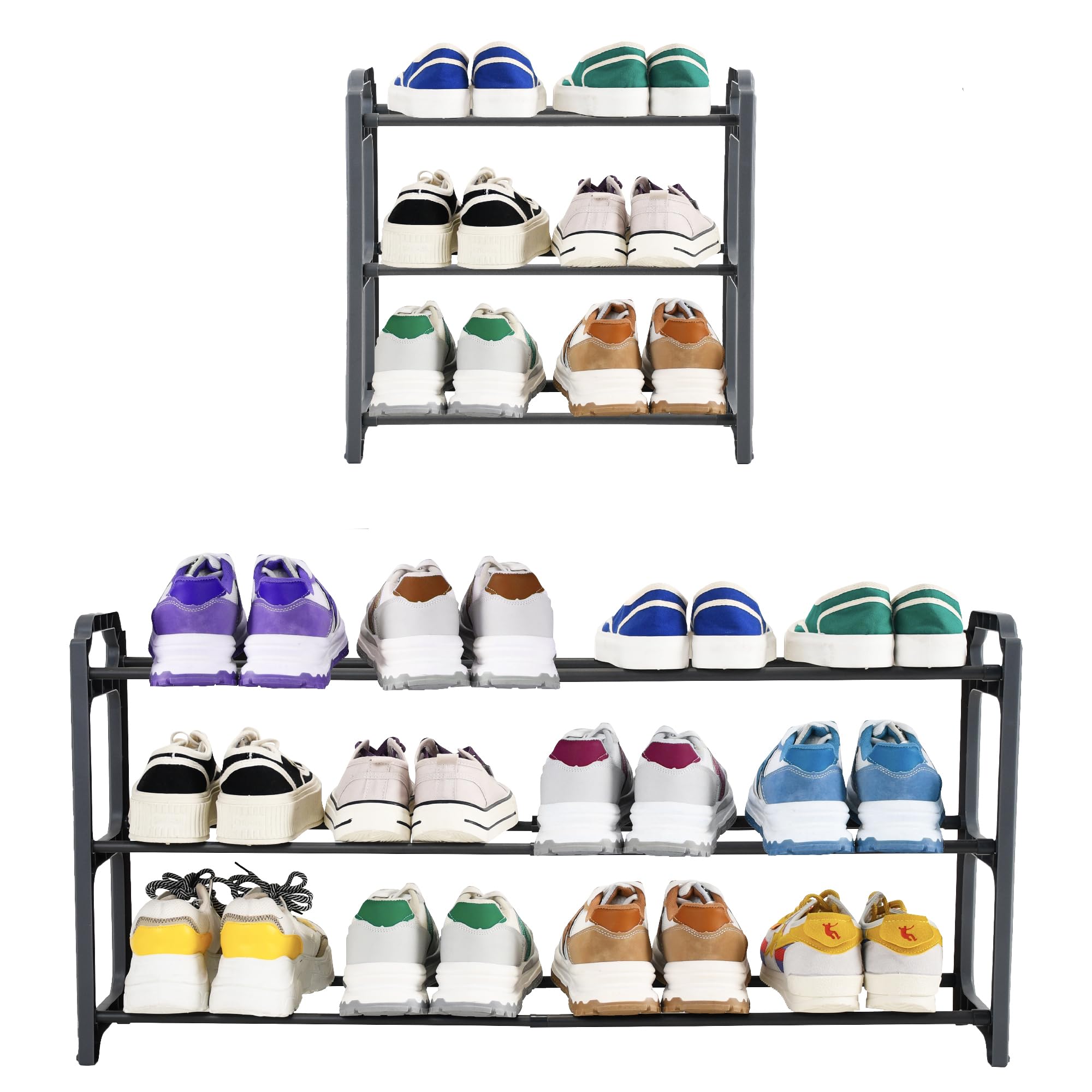 happhom Shoe Rack, 3-Tier Expandable Shoe Rack for Closet Floor, Shoe Organizer, Space Saver Shoe Shelf with Smart Design, Small Shoe Rack for Entryway, Cabinet and Small Spaces, Dark Grey (CSR-01)