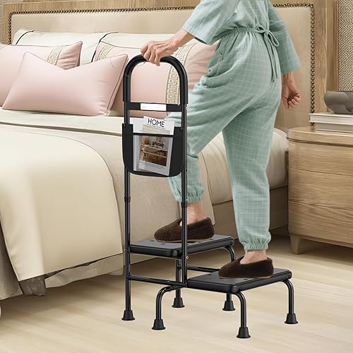 Taburete de 2 escalones con asa para ancianos, escalones de cama resistentes para camas altas para adultos, taburetes de dos escalones para personas