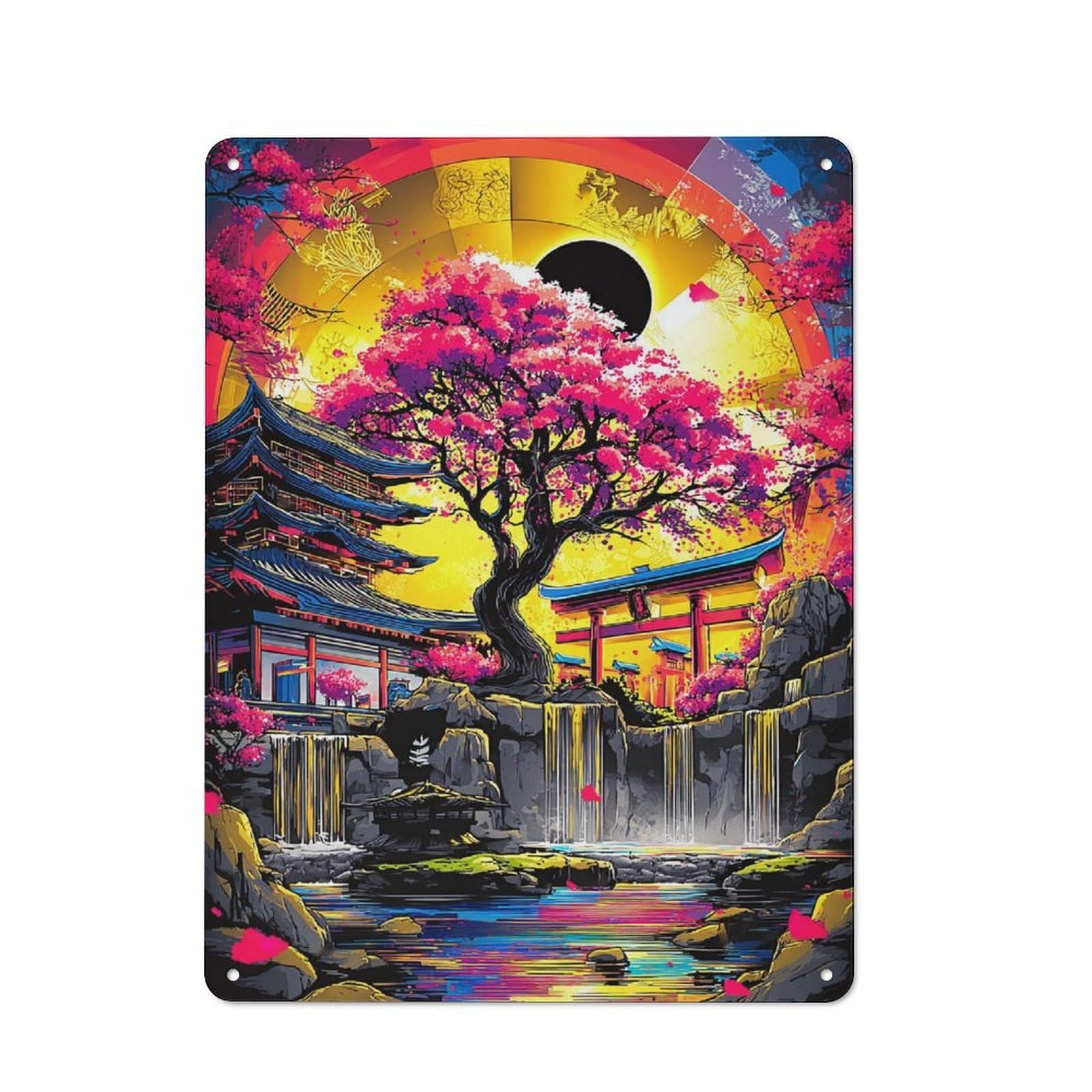 Junmoney Cherry Blossom Zen Garden -3 Decorative Tin Plaque With Design 40X30cm, Classic Novelty Wall Art For Flat, Dorm Room, Lounge Or Cafe