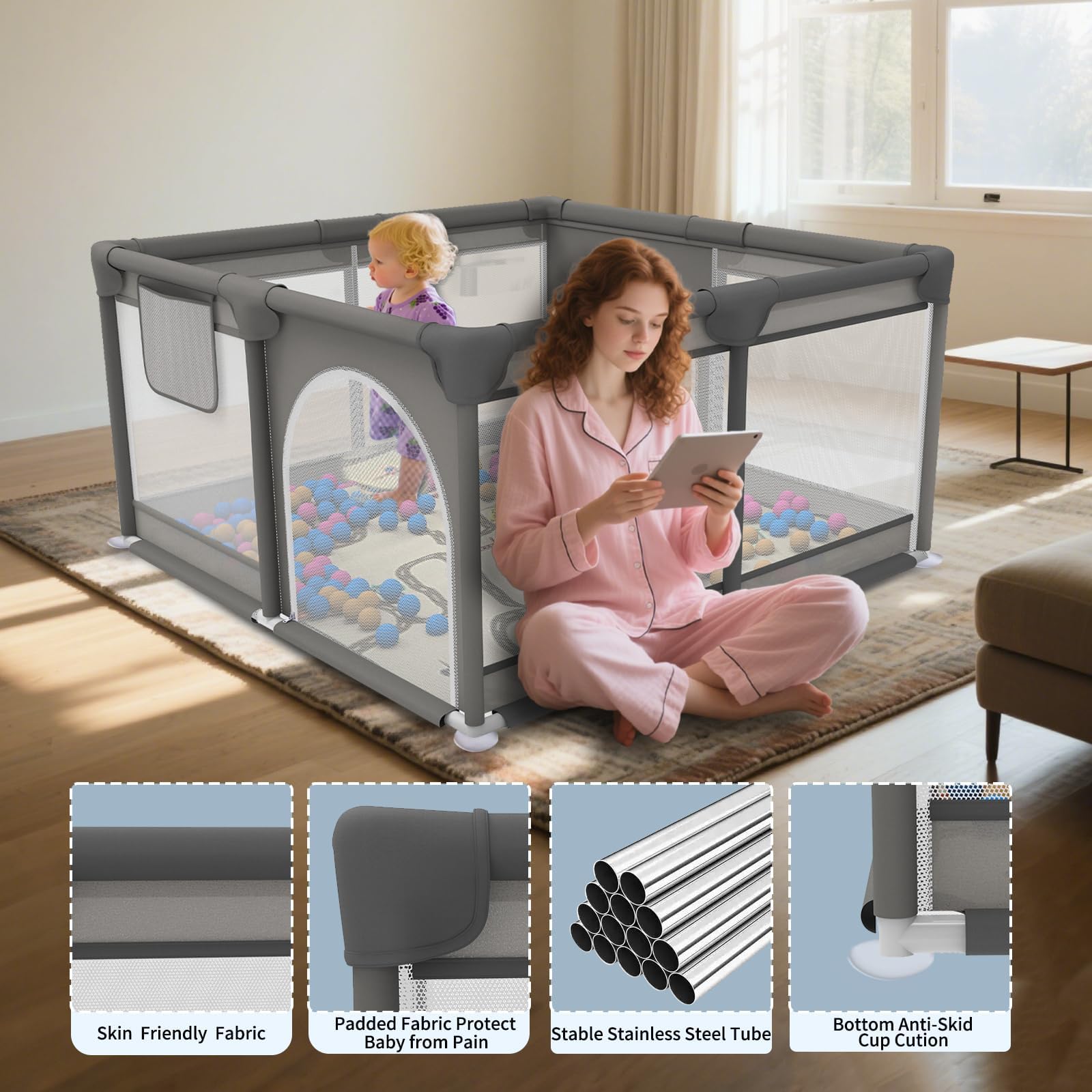 Laufstall Baby mit Matte, Laufgitter Baby mit Atmungsaktivem Netz und Reißverschluss für Wohnungen, Kleinkinder Laufstall mit 4 Saugnäpfen, Innen&Außen (120 * 120cm)