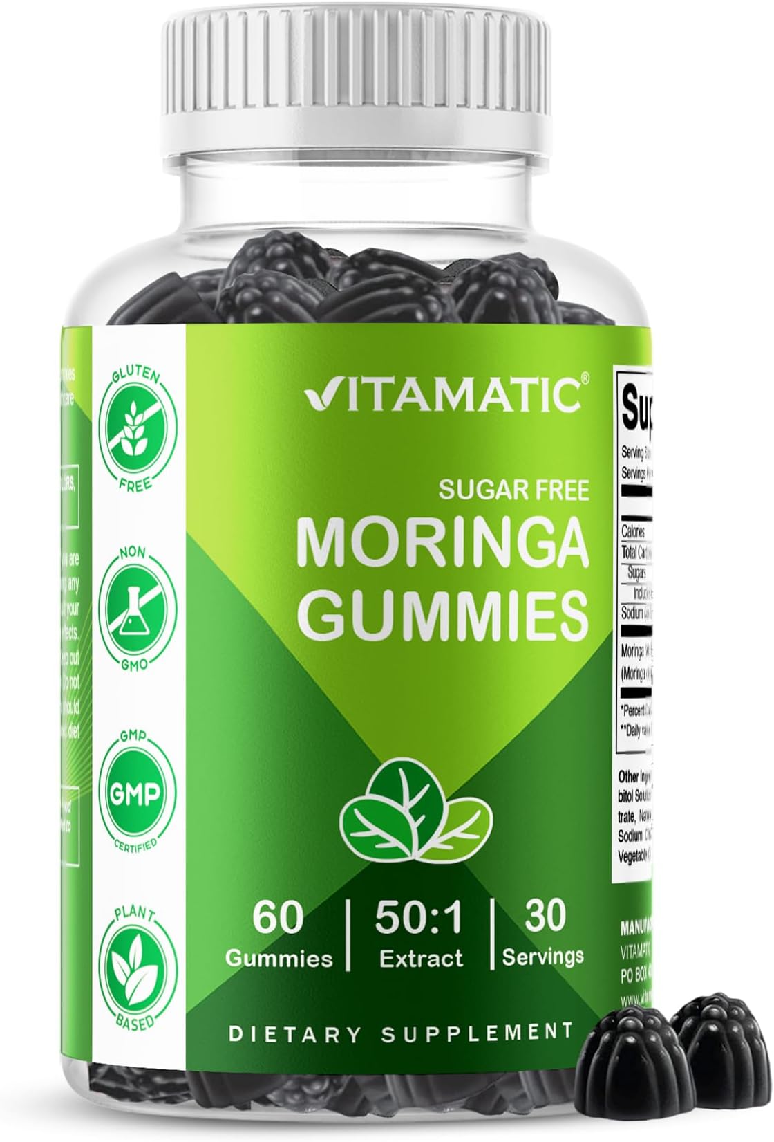 Vitamatic Moringa Gummies – Sugar-Free Botanical Extract – Green Superfood Supplement – Vegan, Pectin-Based, Non-GMO – Plant-Based Gummies – 60 Count