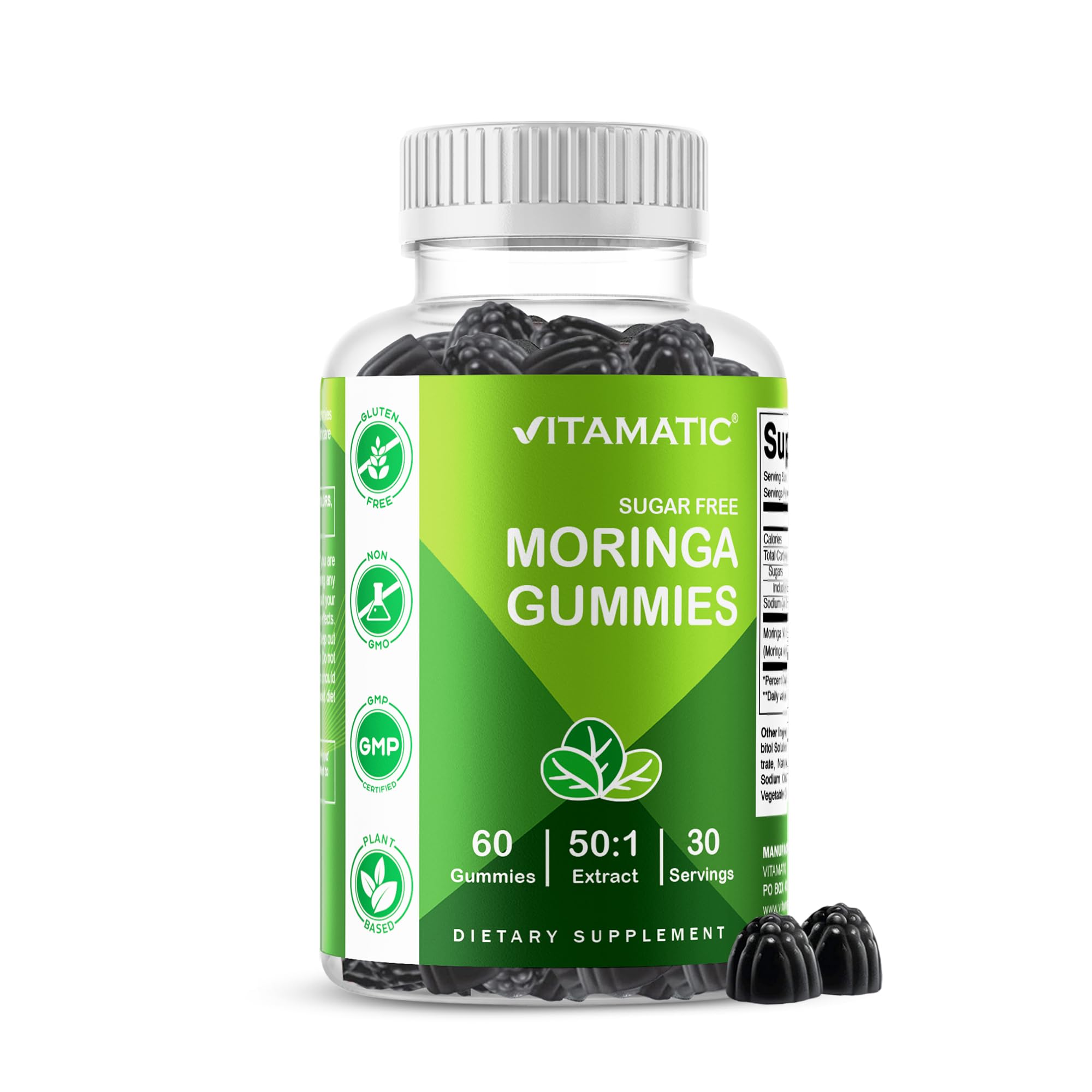Vitamatic Sugar-Free Moringa Gummies - 10,000 mg Equivalent Per Serving - Complete Green Superfood - 60 Pectin Based Gummies