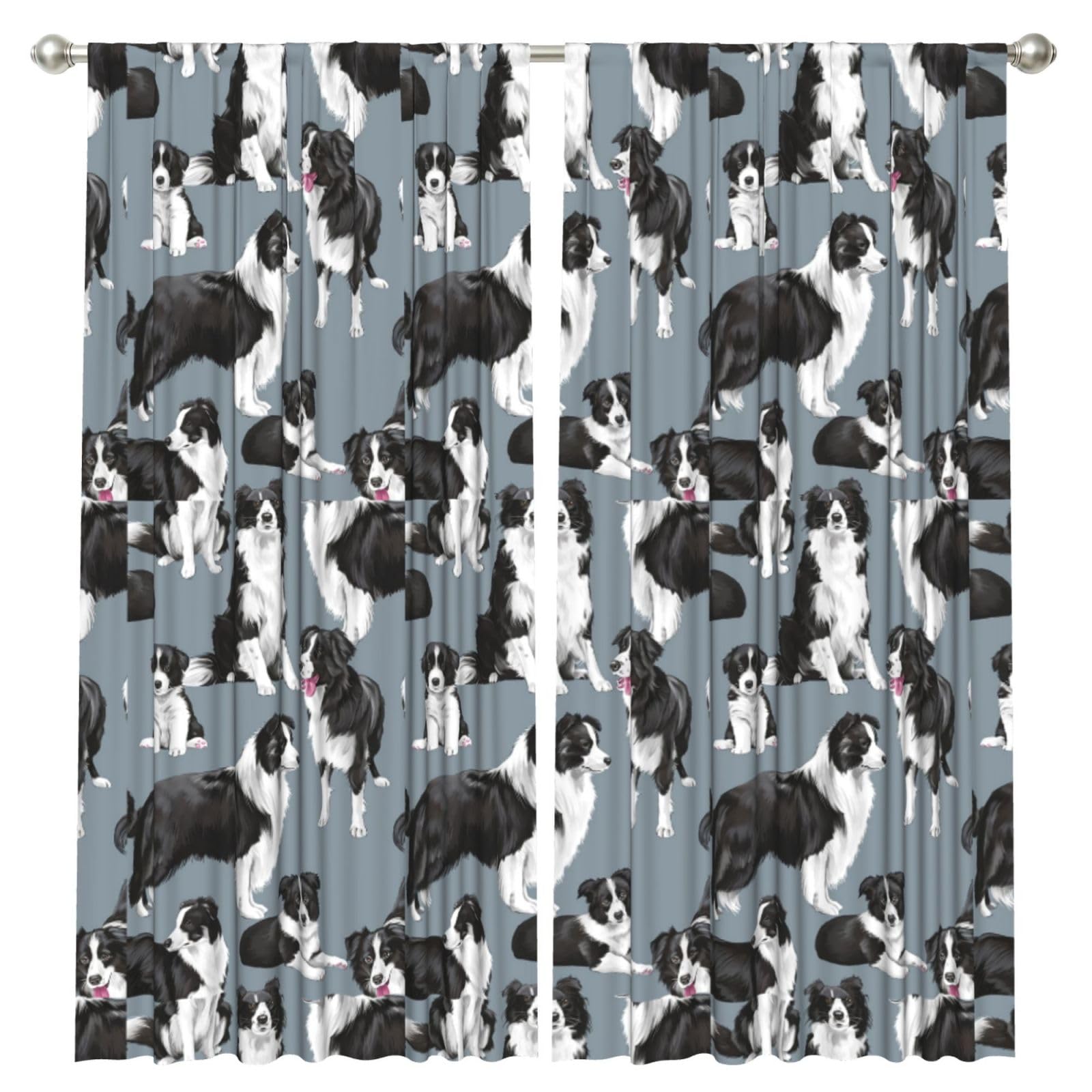 InOmak Border Collies Blue, 2 Panels Window Curtains 52 x 84 Inch Blackout Curtains for Living Room Bedroom