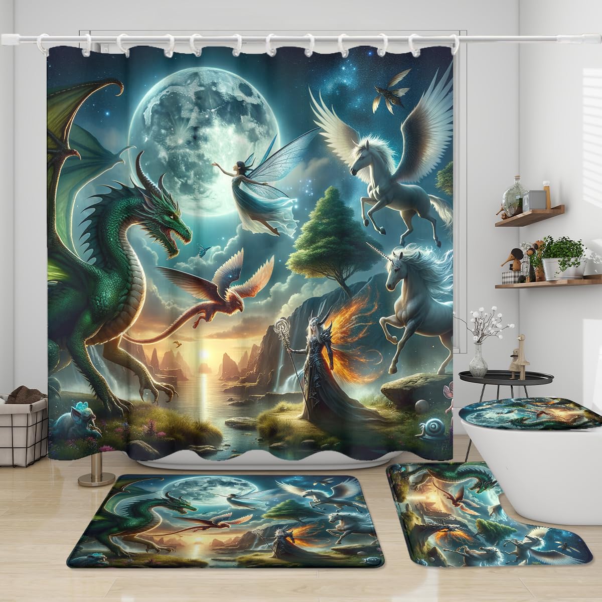 Fantasy Enchanted Forest Dragon Shower Curtain Sets 4 Piece,Vintage Ancient Mid Century Full Moon Wildlife Unicorn Bathroom Decor Sets with Rugs