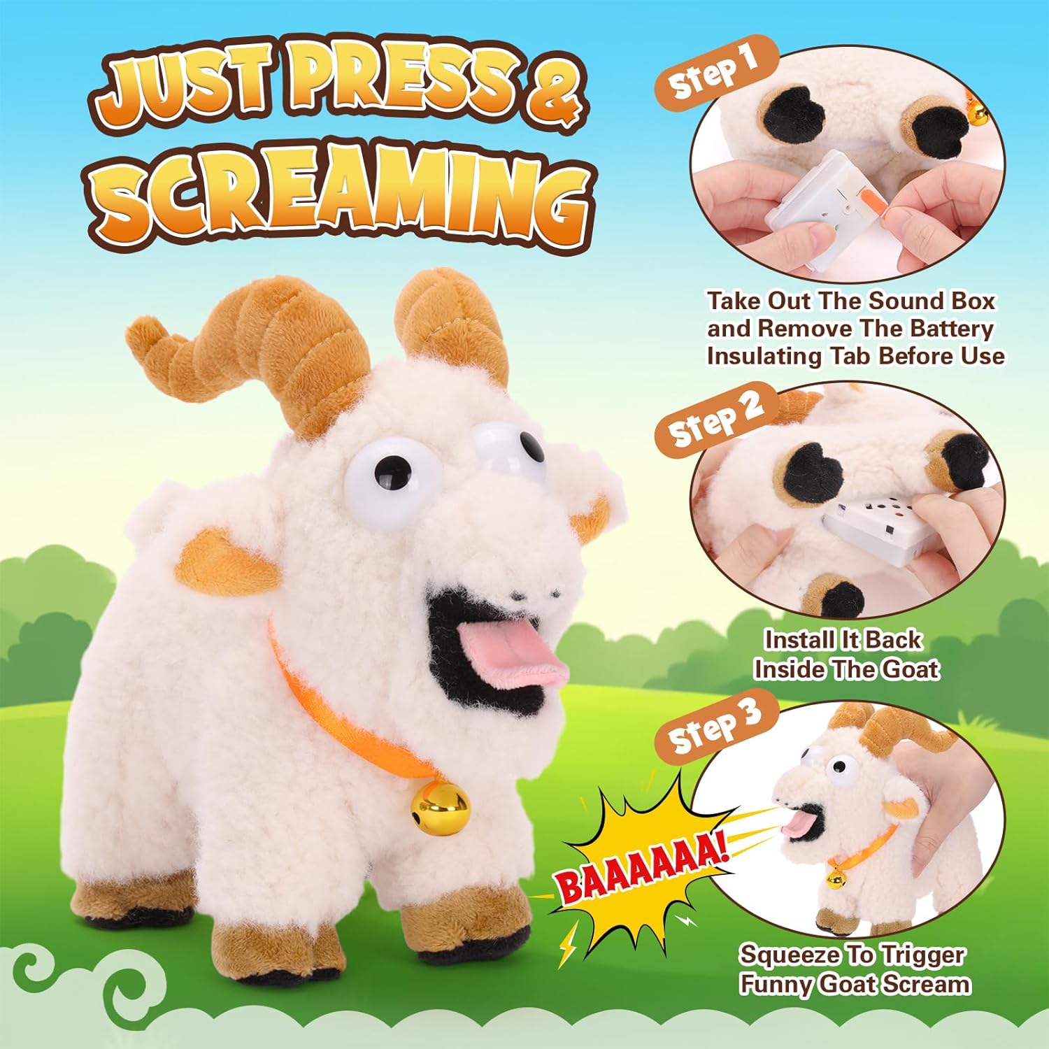 FunisFun Goat Plush with Bell, Goat Stuffed Animal with Funny Screams Sound, Gag Gift for Adults Friends and Coworkers Desk Toy