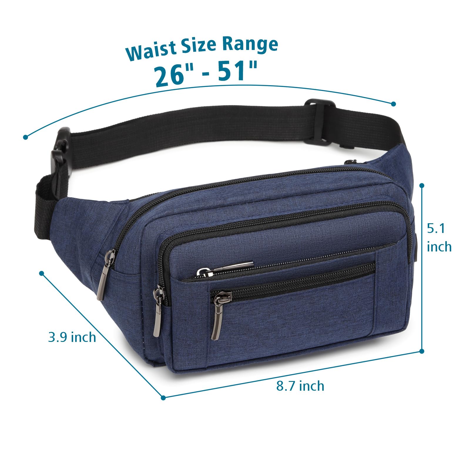 Packism Fanny Pack, 6 kieszeni na zamek błyskawiczny dla mężczyzn i kobiet, sportowa torba na talię, podróż, wędrówki, bieganie, torba biodrowa, na zewnątrz, Jasnoniebieski, Jeden rozmiar