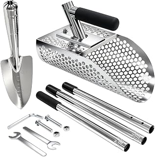 Stainless Steel Sand Scoop for Metal Detecting, Heavy Duty Sand Sifter with 47" Detachable Long Handle & Hand Shovel, Sifter Shovel Detector Tool for Beach Treasure Hunting & Underwater