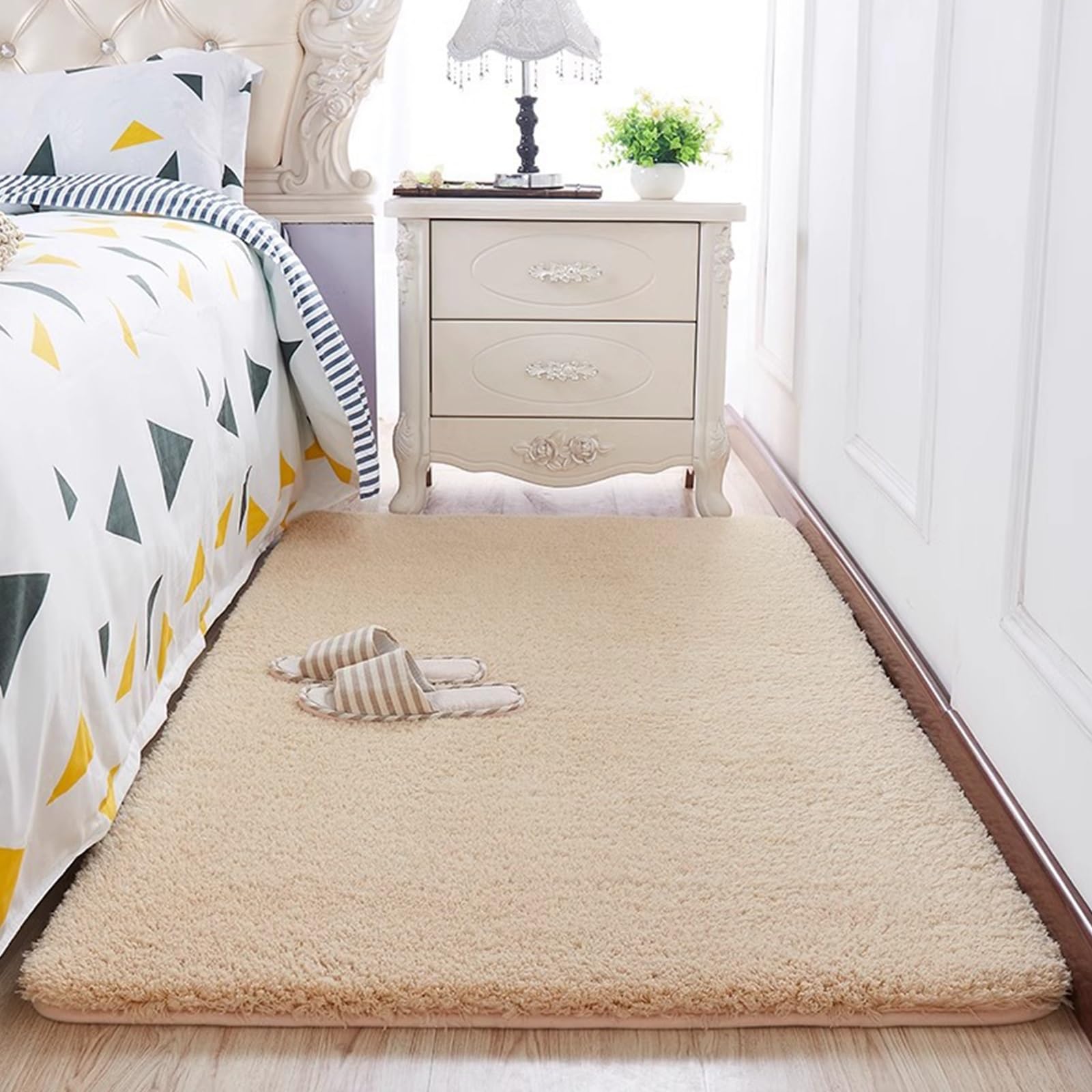 Tapis de sol moelleux shaggy 245x335 cm beige lavable grand format pour salon et chambre