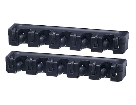 Superio Mop and Broom Holder 2 Pack Wall Mount Black Cleaning Tools Wall Organizer, 3 Rack Slots / 4 Hooks for Kitchen Closet, Garage, Garden, Office (17 Inches)