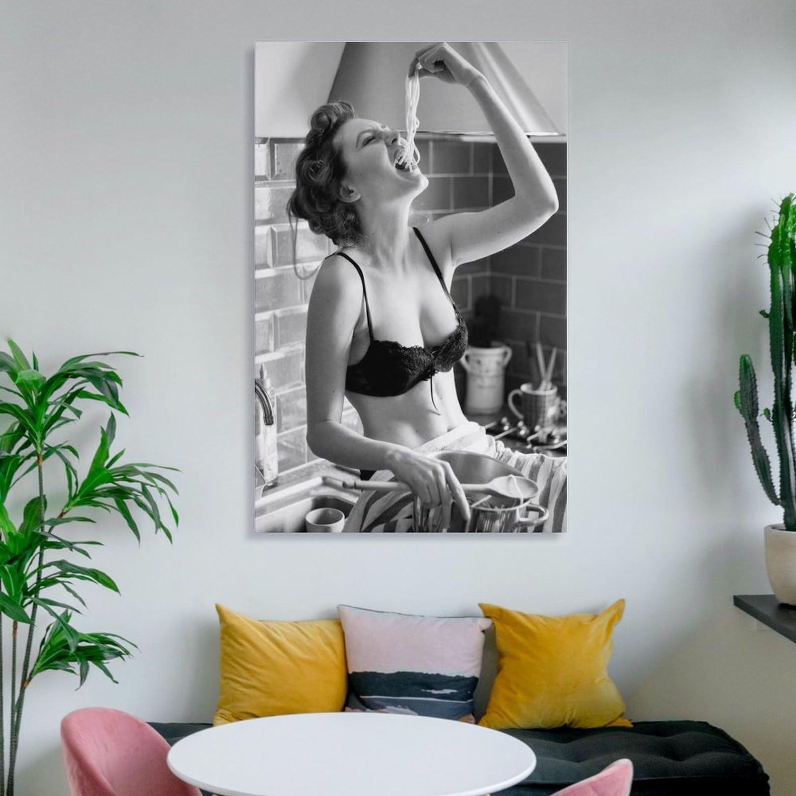 LZTEN Spaghetti Girl Print, Spaghetti Woman Poster, Pasta Time Print, Pasta Moment Poster Scandi Prints, Barilla, Black And White Wall Art Black And White R