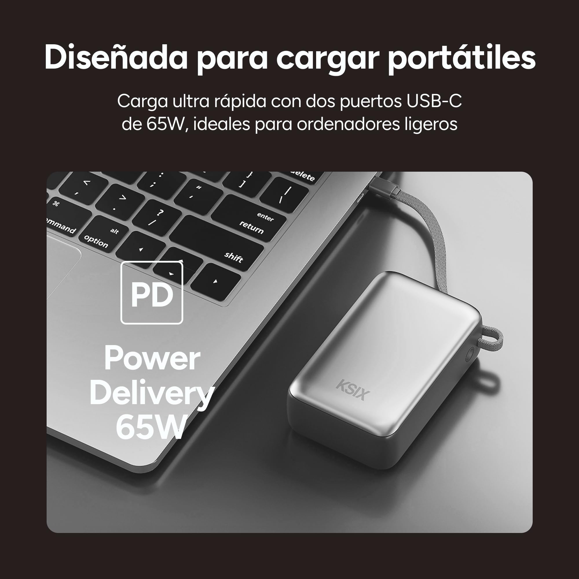 KSIX Powerbank 30000 mAh, Batería Externa Carga ultrarrápida 65W Power Delivery, Carga portátiles, Cable Integrado USB-C, Pantalla LED, Gris