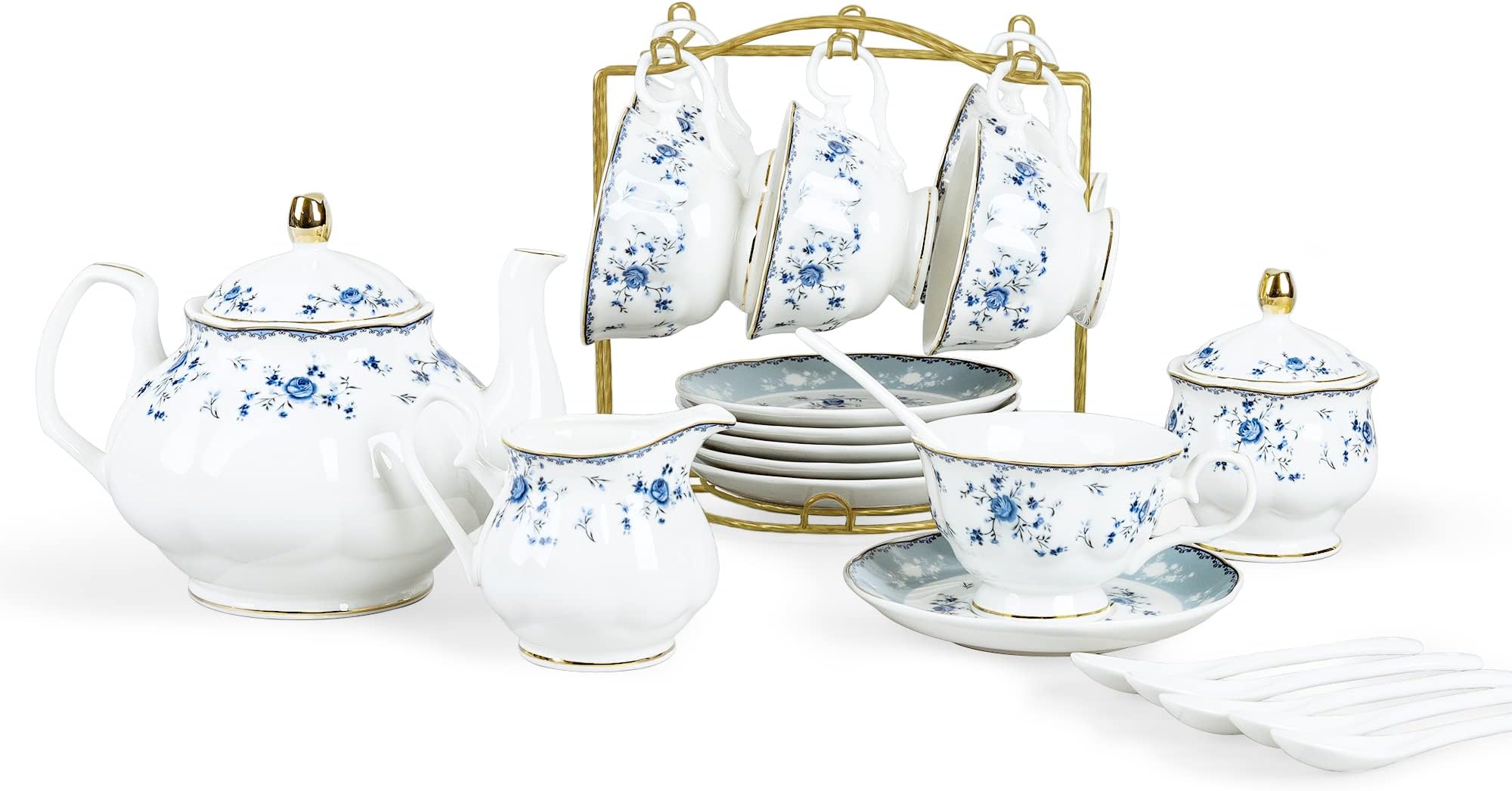 15 Piece Blue Rose Porcelain Tea Set, British Floral Teapot with Tea Cups, Women Tea Party Set for 6