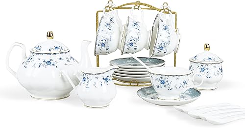 fanquare Juego de té de porcelana de rosa azul, tetera floral británica con tazas de té, juego de fiesta de té para mujer para 6