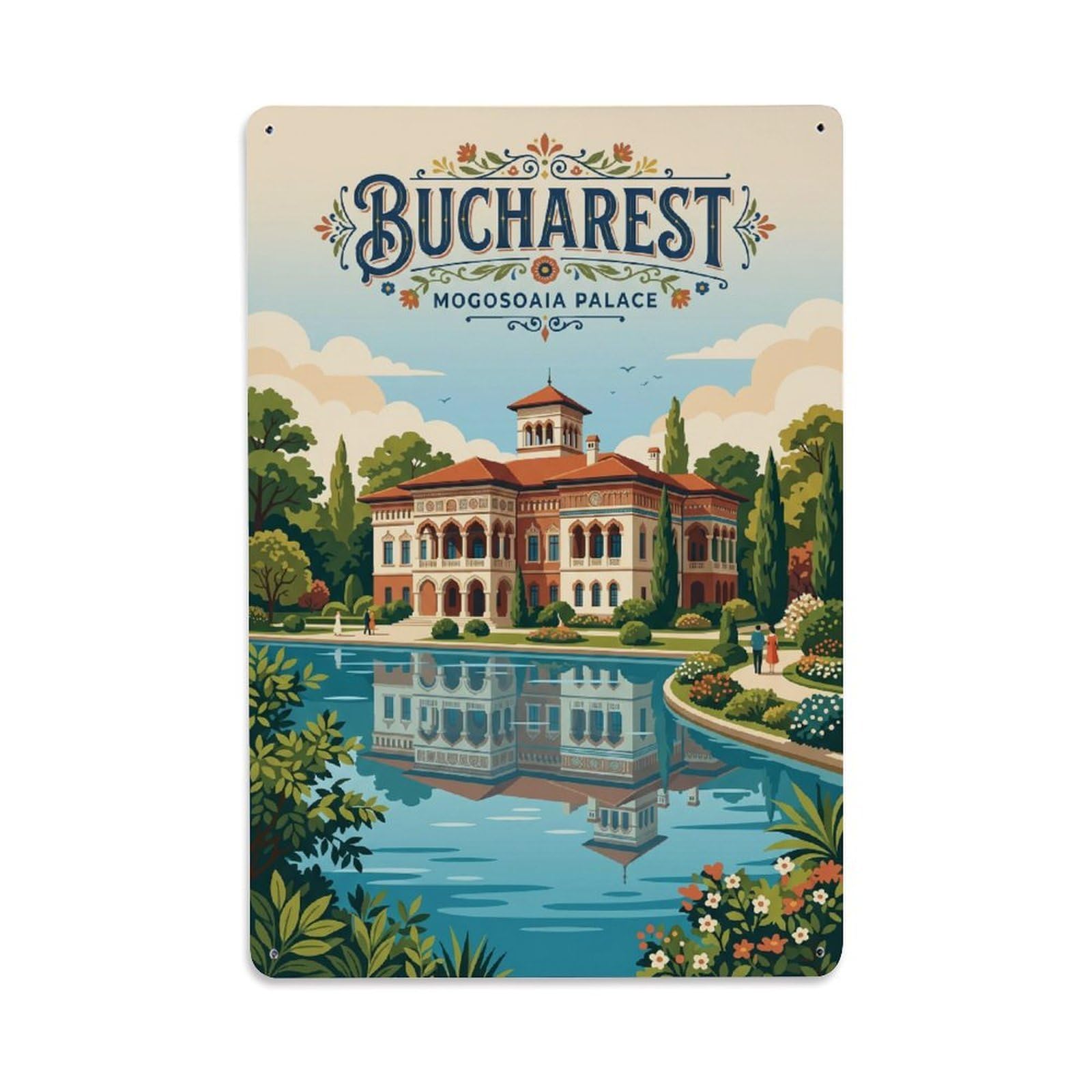 Vintage Travel Bucharest Mogosoaia Palace Clean Romania Metal Tin Sign Plaque Wall Decor for Cafe, Club Bar, Office, Home Garden Metal Poster 8x12Inch