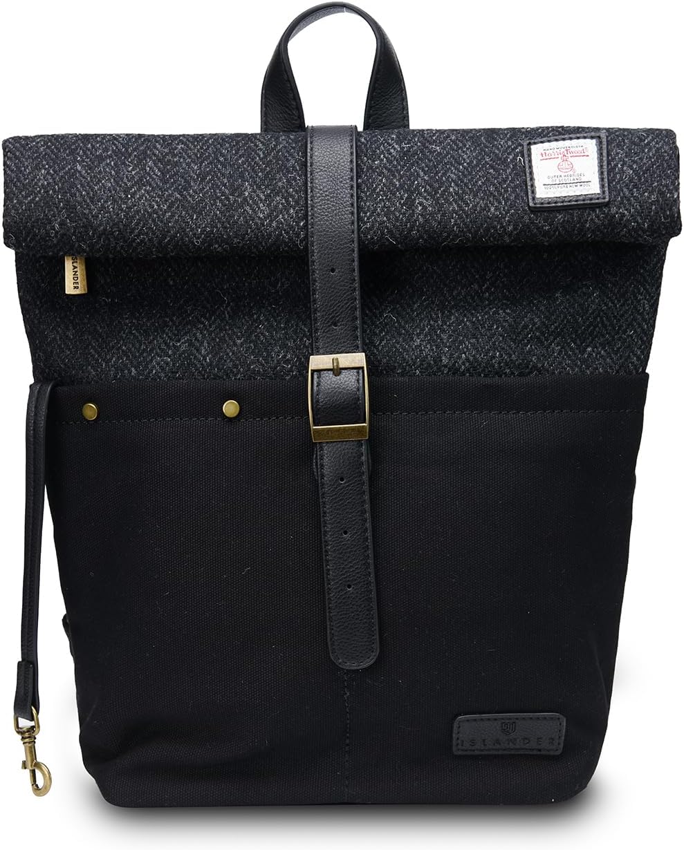 Islander Harris Tweed Canvas Backpack with Vintage Flap and Tablet Sleeve (12.99" × 12.99" × 5.11") (Chestnut Herringbone)