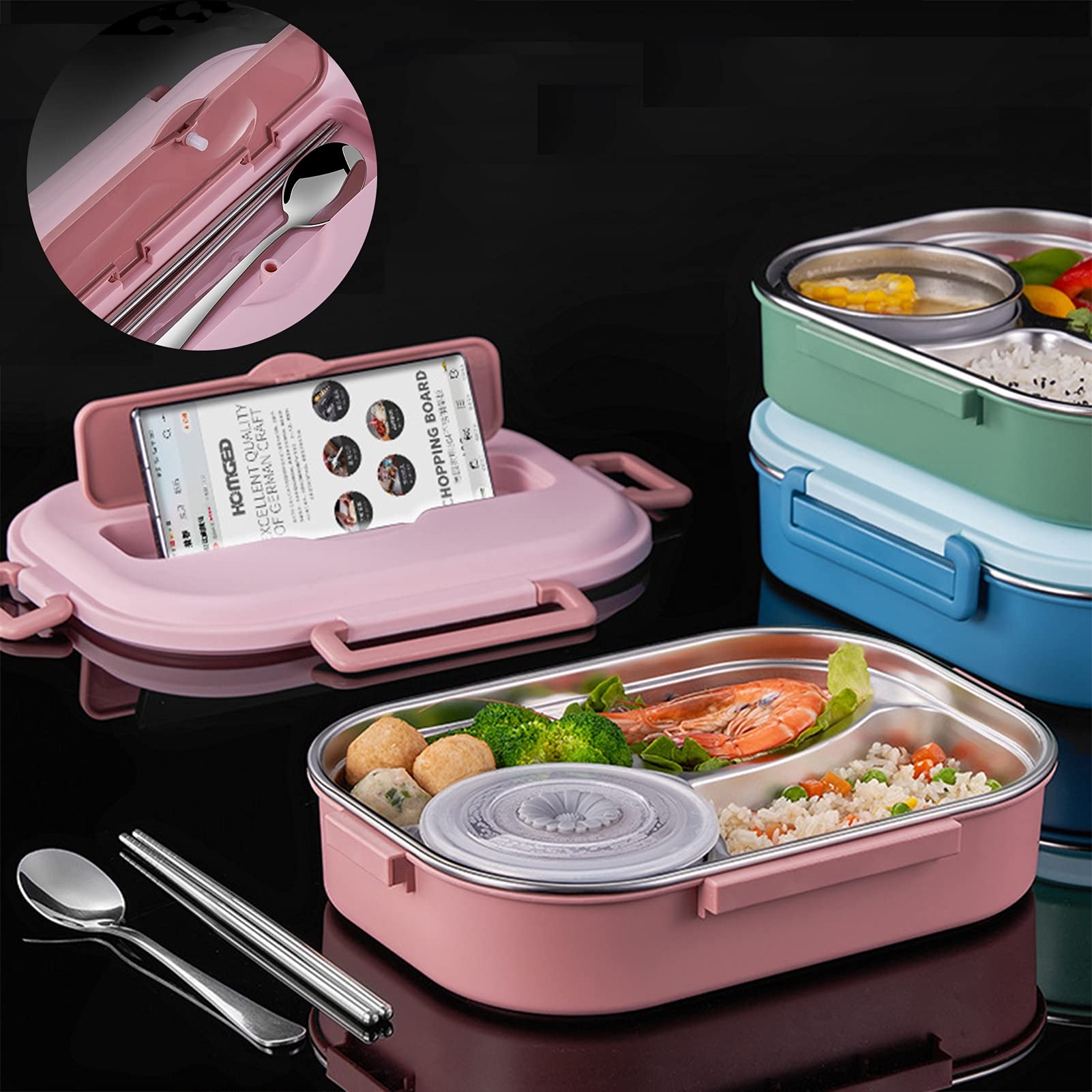 Fiambrera Bento con 4 Compartimentos, fiambreras de 1500 ml, Recipientes Termicos para Alimentos de Acero Inoxidable con lonchera y Cubiertos aislados,para Escuela Oficina Picnic,Rosado