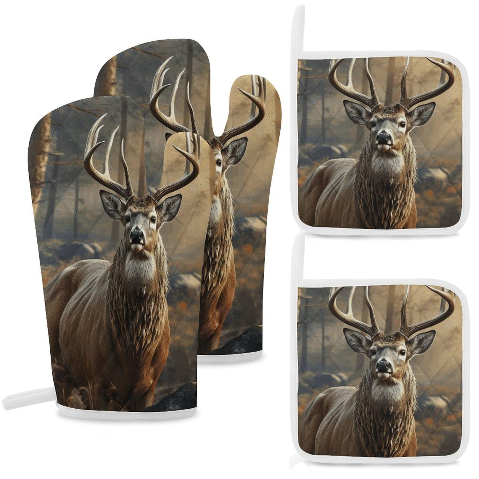 Deer Hunting Season Oven Mitts and Pot Holders Sets Heat Resistant Oven Glove with Hanging Loop for Baking Cooking BBQ Thicken Potholders for Kitchen