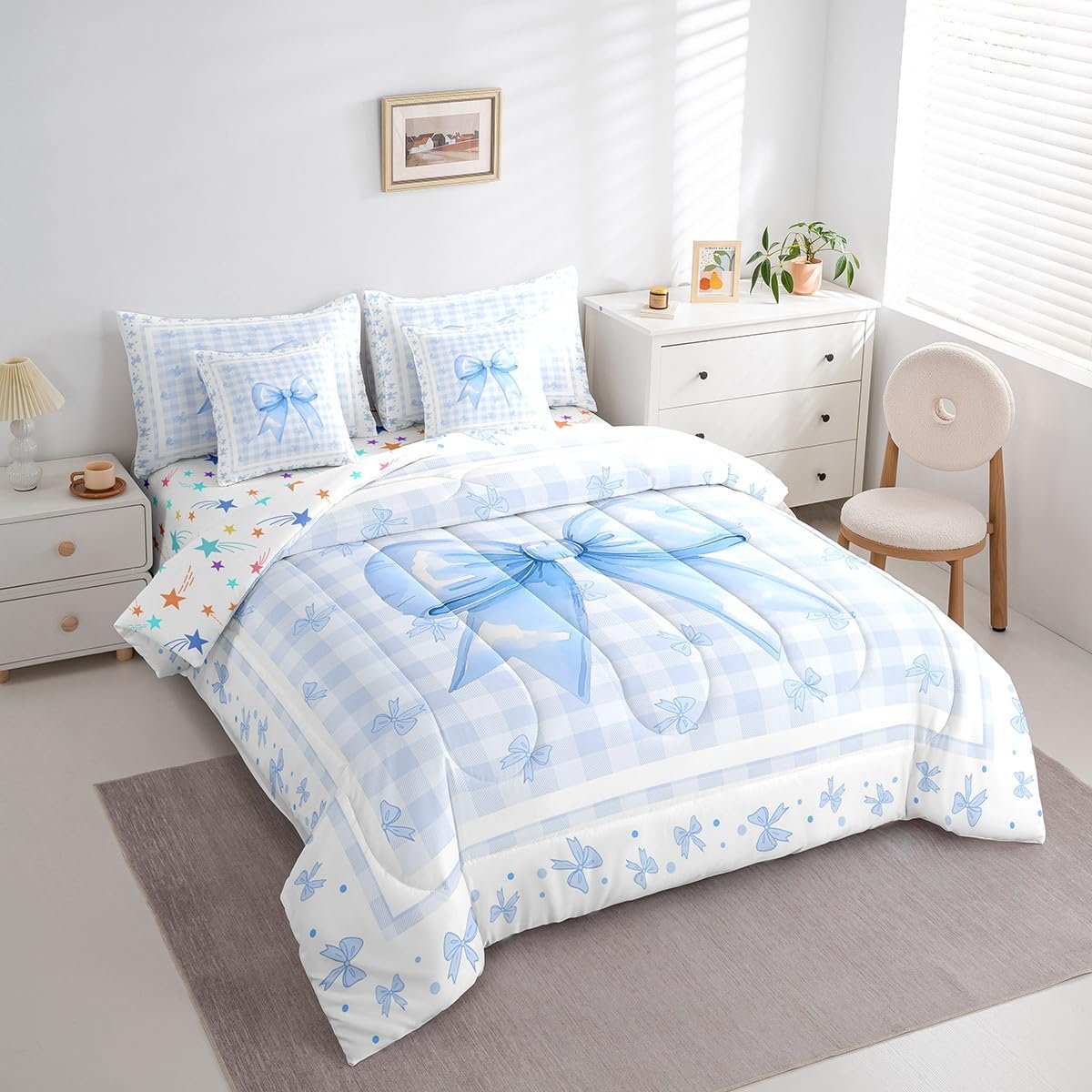 Erosebridal 7 Piece Blue Ribbon Bow Girls Queen Comforter Set with Sheets Kawaii Watercolor Plaid Bow Kids Bedding Set Girly Princess Bowknot Bed in A Bag,Cute Grids Bow Tie Bed Set with Comforter