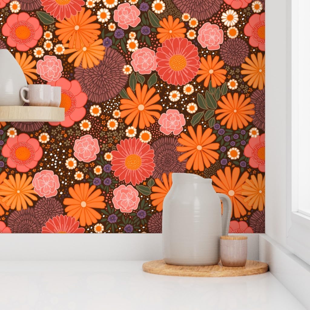 Spoonflower Peel & Stick Wallpaper 3ft x 2ft - 1970S Groovy Florals Brown Floral Retro Orange Daisy Custom Removable Wallpaper