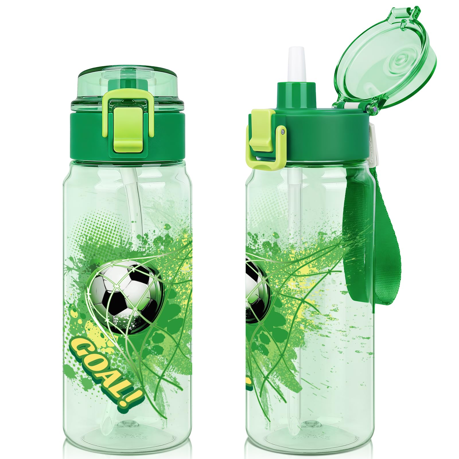 wooshwa Tritan Kids Water Bottle for School, 550ml Leakproof 2-in-1 Toddler Water Bottle with a Pop-up Detachbale Straw, Dishwasher Safe (Football)