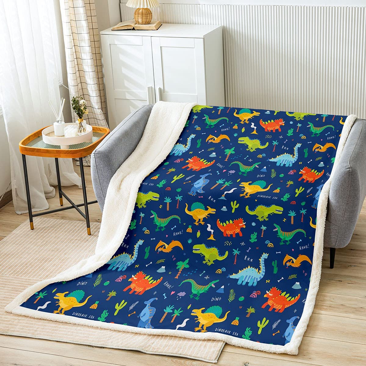 Kinder Dinosaurier Wohndecke Jungen Mädchen Niedlich Karikatur Dino Decke 150x200cm Kinder Dschungel tier Dinosaurier Dekor Kuscheldecke Mikrofaser Blau Wild Schlafzimmer Flanell Fleecedecke