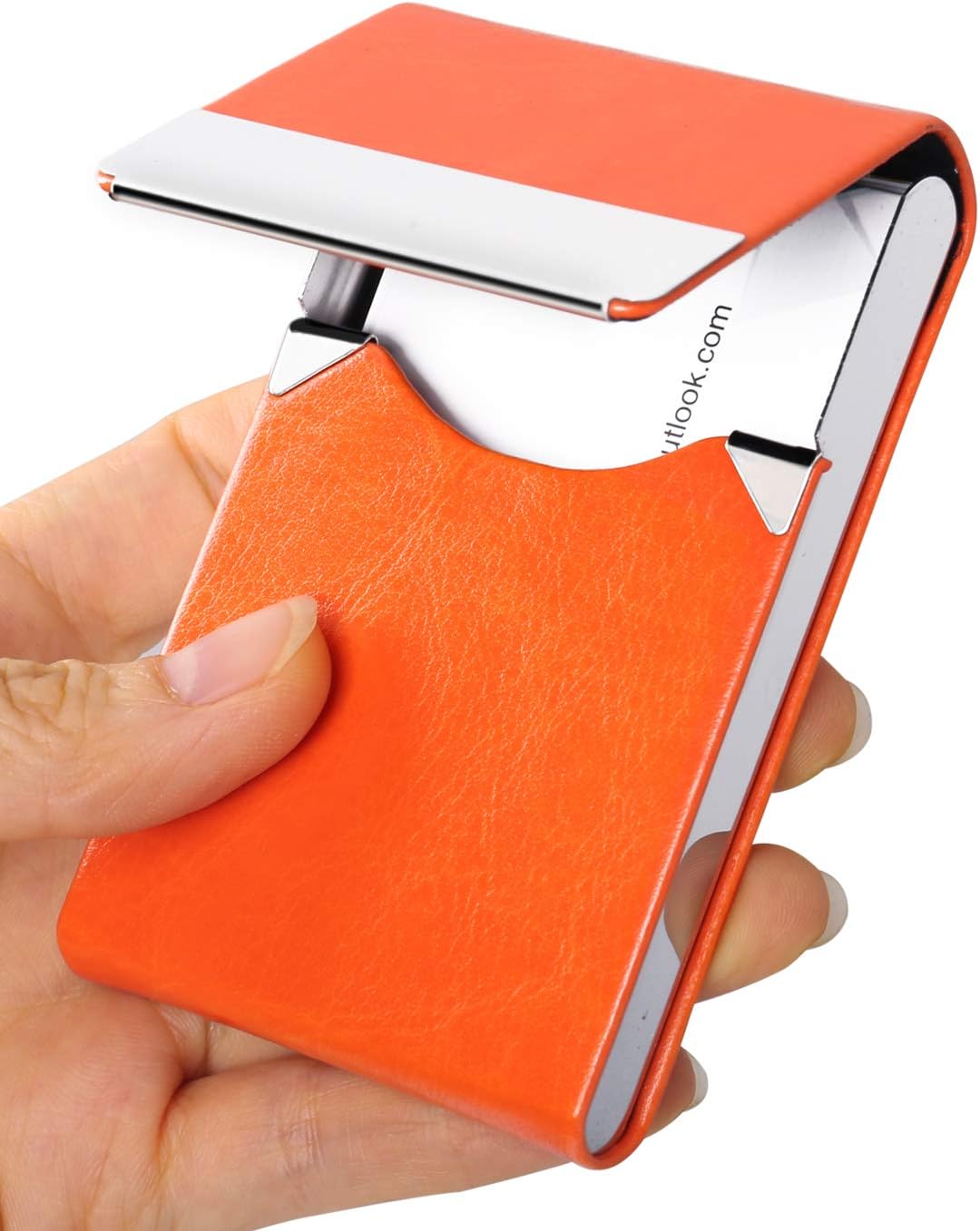 JuneLsy Business Card Holder Case - Professional PU Leather Business Card Case Metal Name Card Holder Pocket Business Card Carrier for Men & Women with Magnetic Shut (S-orange)
