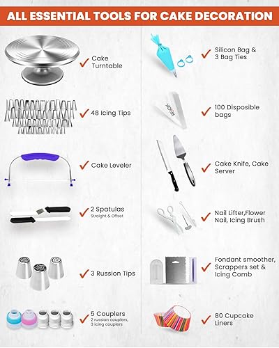 Miniatura 3 de RFAQK Kit de 250 herramientas de aluminio para decoración de pasteles con plato giratorio de metal de 12 pulgadas y juego de cuchillos, 48 puntas de