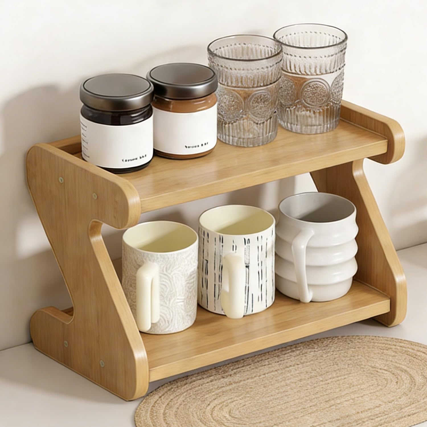 Supporto per Tazza Da Tavolo a 2 Ripiani Porta Tazzine da Caffè per cucina Accessori e Organizzazione della Cucina per Ristorante Bar (Colore Naturale)