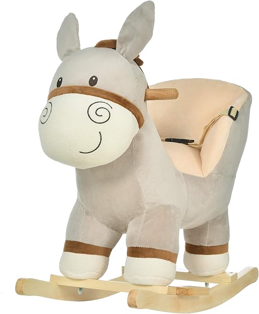 HOMCOM Kids Children Rocking Horse Plush Ride On Donkey Seat w/ Sound Wood Base Seat Safety Belt Toddler Baby Toy Rocker Grey 18 - 36 Months