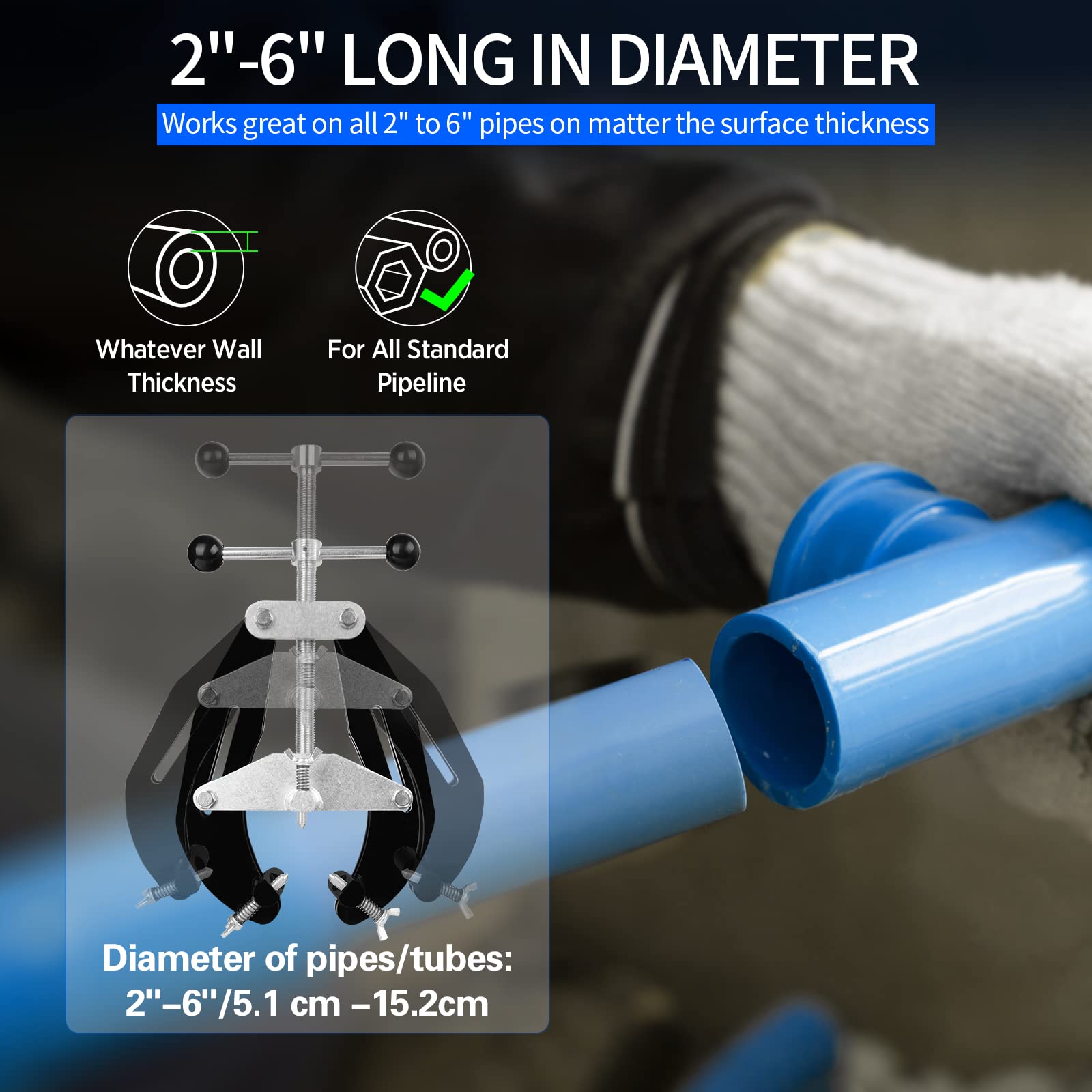 Abrazadera de tubo, 2 a 6 pulgadas, herramienta de alineación de tuberías de acero con diseño ligero, abrazadera ultra de alta resistencia con tornillos de acción rápida, color negro