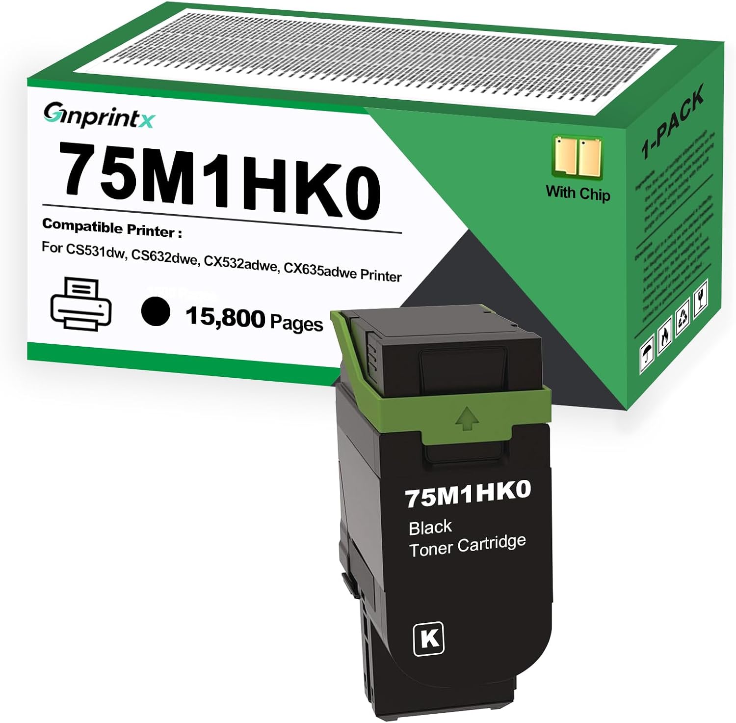 1 Pack 75M1HK0 Black Toner Cartridge Replacement for Lexmark CS531 CS531dw CX532 CX532adwe Printers（with Chip, 15,800 Pages）