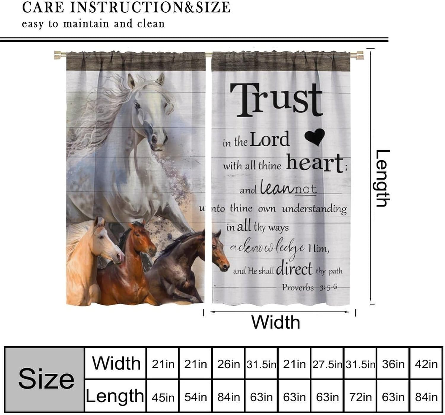 Farmhouse Horse Curtains, Rustic White Barn Door Western Farm Animal Horse Inspiration Quotes Print Window Treatment for Kitchen Living Room Bedroom Office Drapes, 42x45 Inch